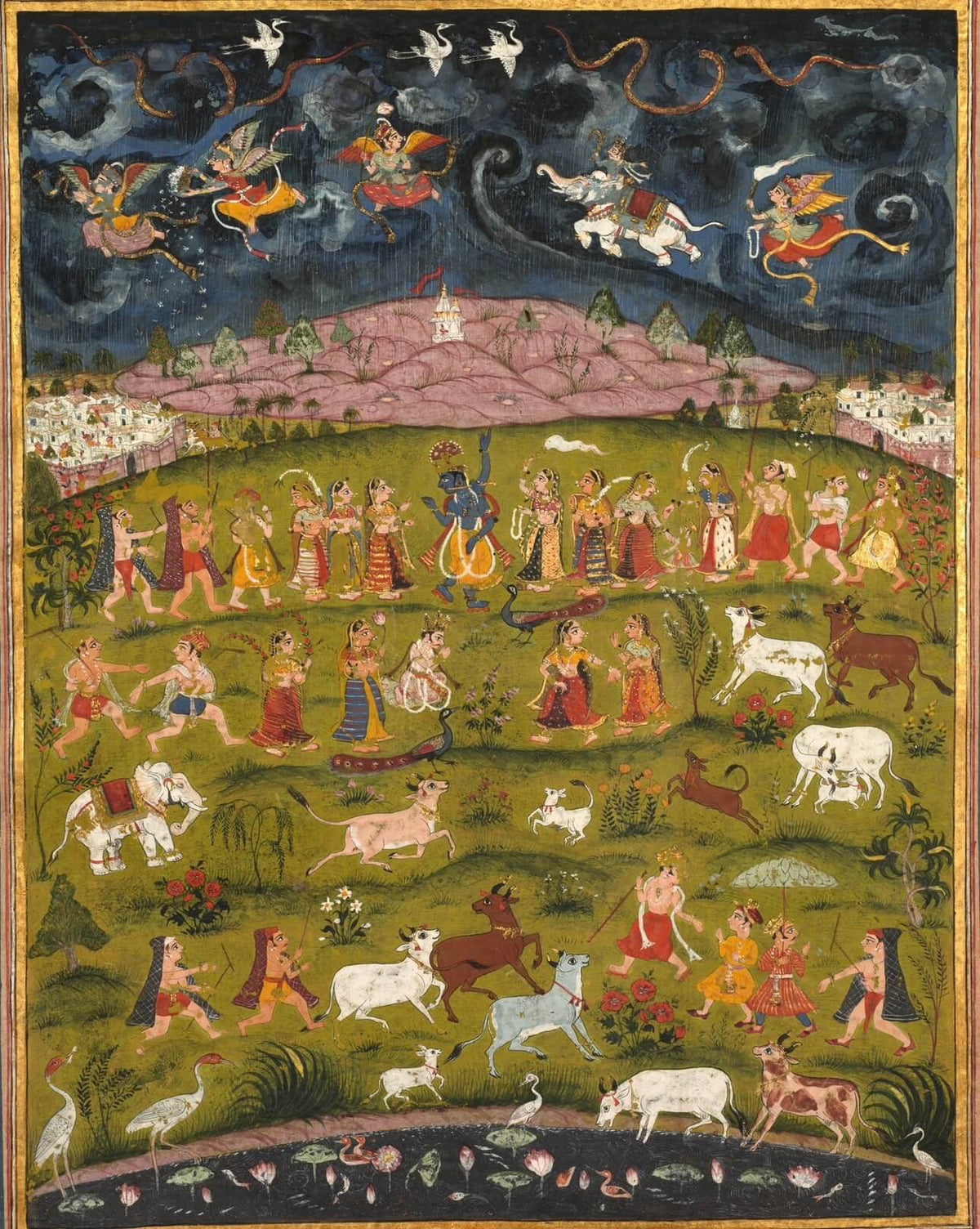 Krishna Lifting Govardhan Hill | Colourful Miniature in Emerald and Indigo | Museum-Grade Archival Print - Nakhrro