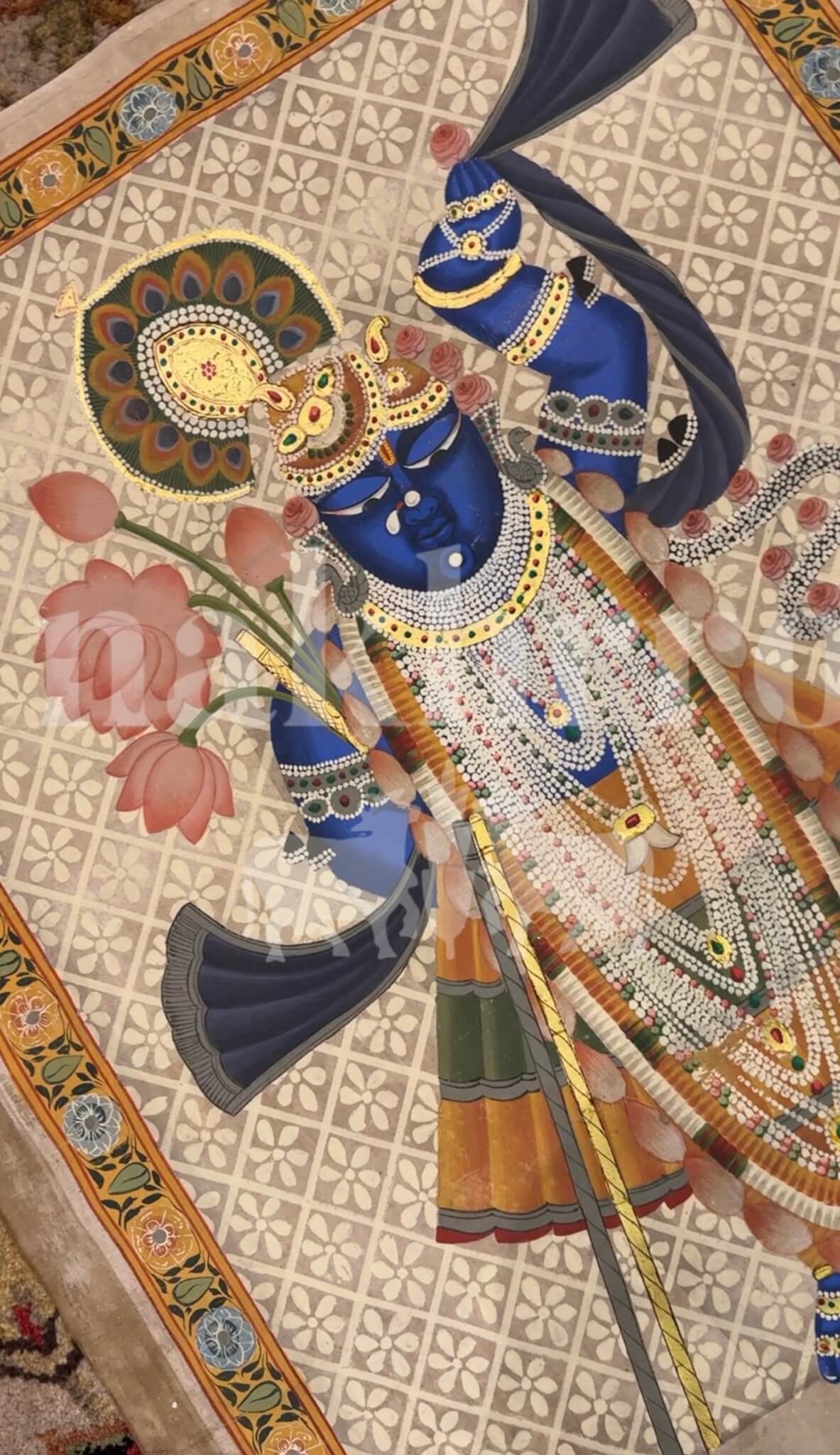 Shrinathji Shringar — Full Figure Pichwai with Lotus & Pearl Garlands - Nakhrro