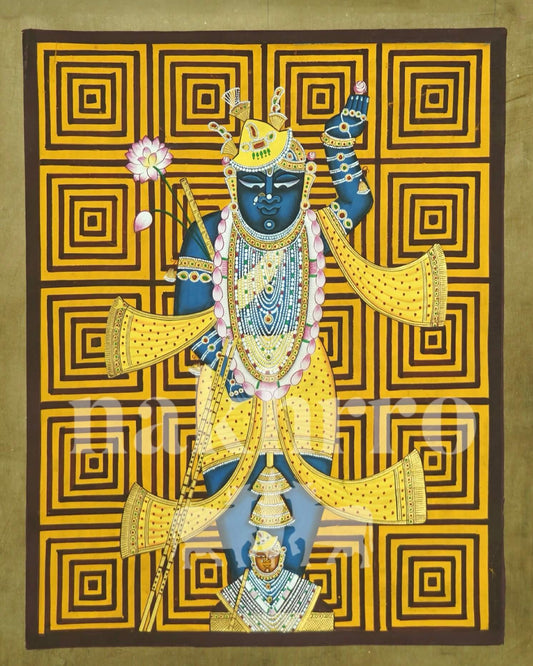 Hand-Painted Shrinathji Pichwai – Yellow Geometric Cloth Artwork (1.5x2 ft)