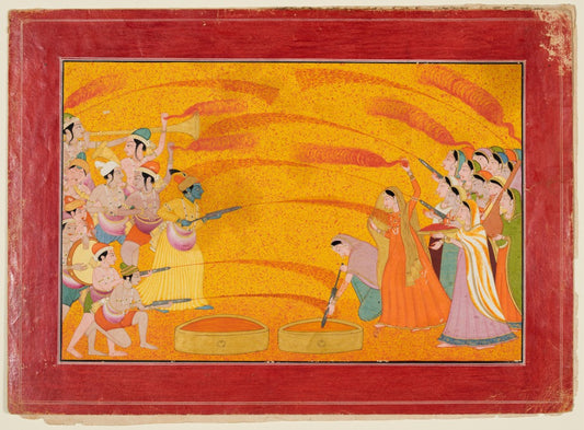 Krishna Playing Holi with Gopis – Rajasthani Miniature Art Print