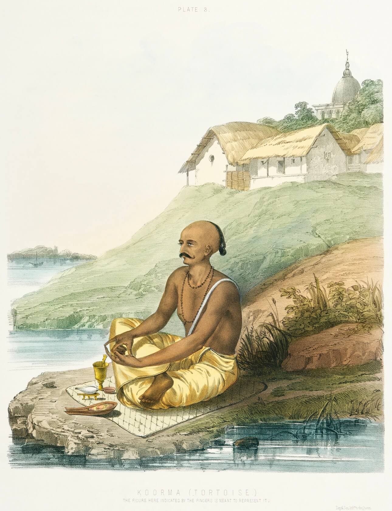 Man in traditional attire sitting by a body of water with buildings in the background