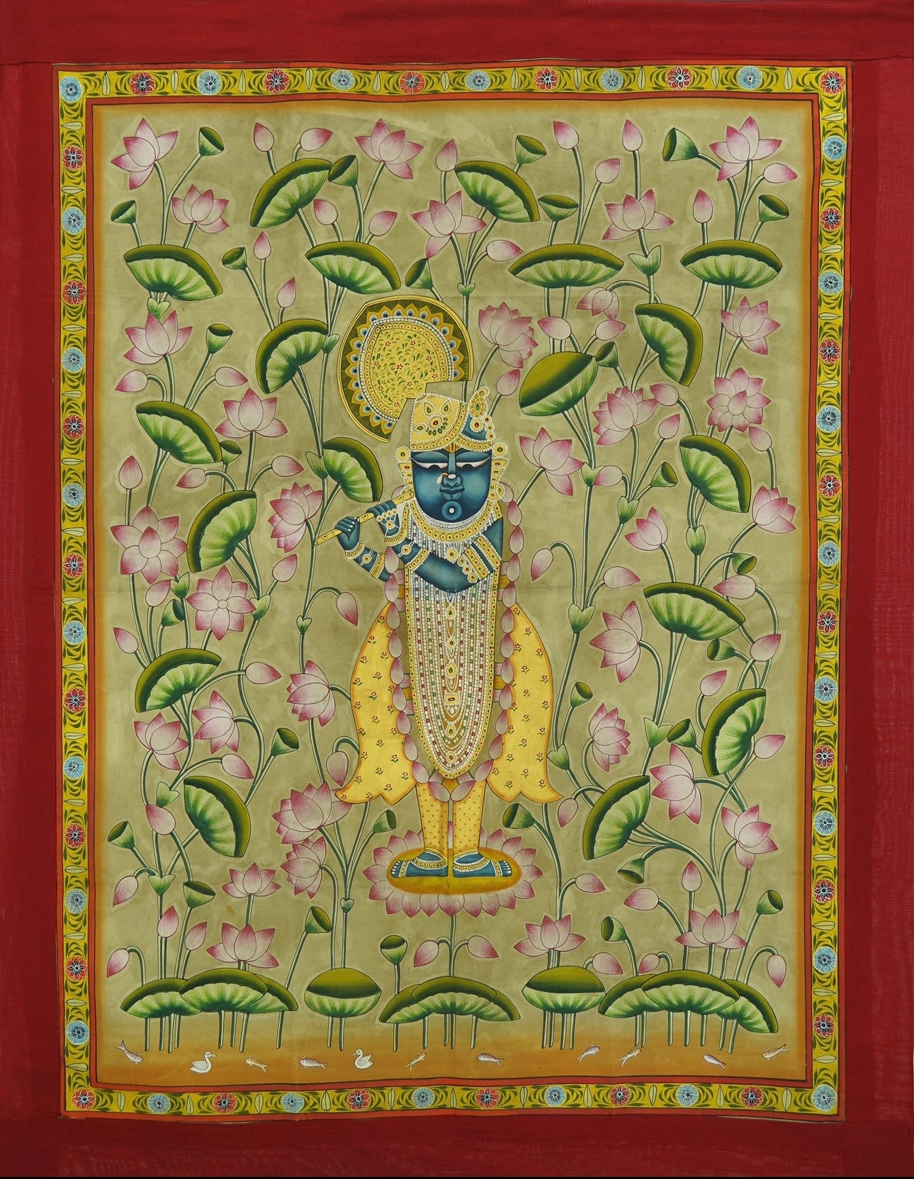 Beige Shrinath Ji With Kamal Talai Pichwai - Nakhrro