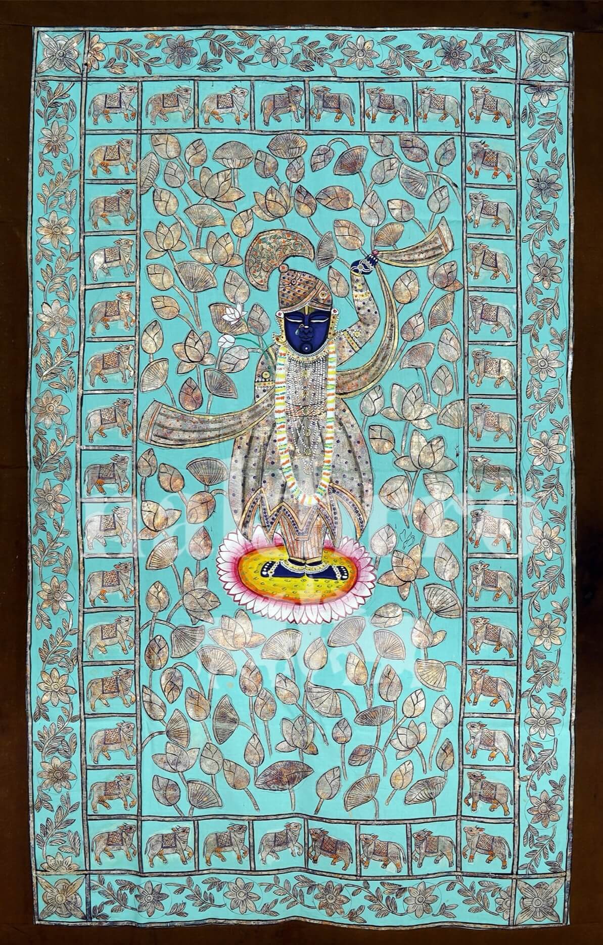 Folk-Style Shrinathji Pichwai – Hand-Painted Original in Powder Blue (3x5 ft, Silver Leaf Detailing)