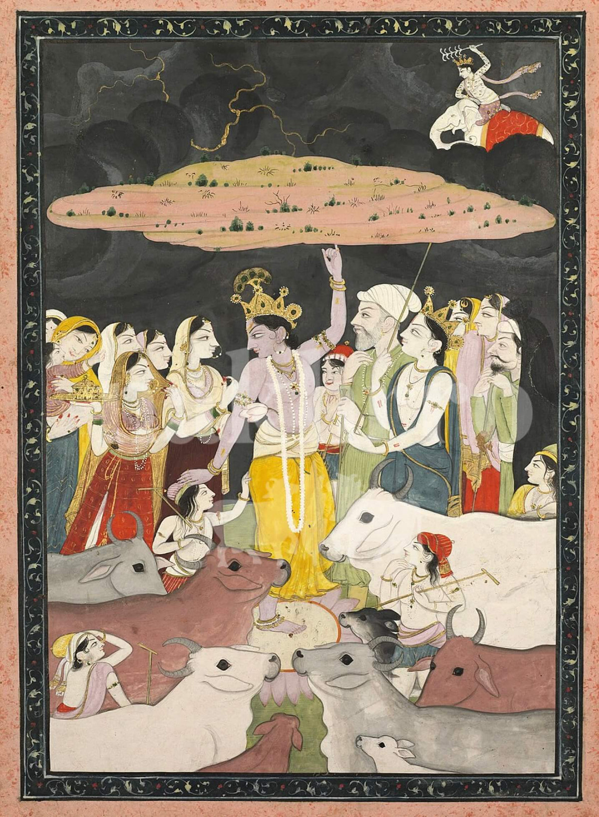 Krishna Lifting Govardhan Parvat Painting | Vintage Indian Miniature Art | Museum-Grade Print