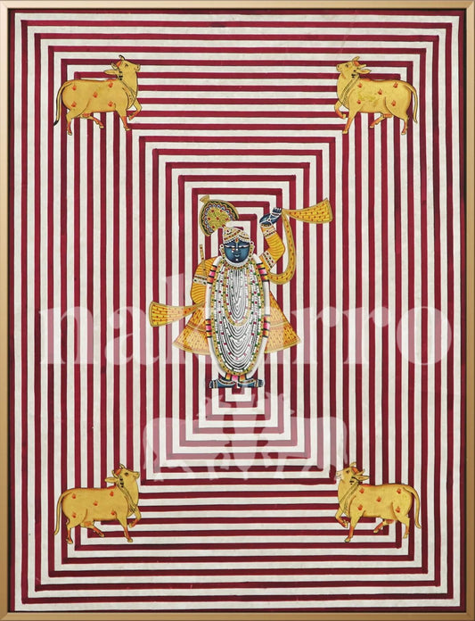 Shrinathji Geometric Pichwai | 18x18 inch Minimal Hand-Painted with 4 Kamdhenu Cows