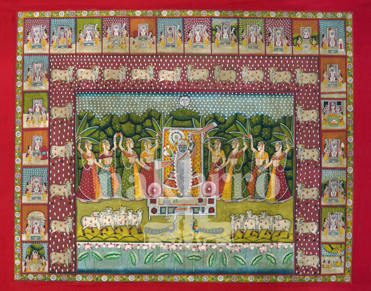 Shrinathji Raas Mandal Pichwai – Hand-Painted Original (5x4 ft, Cows & Darshan Border)