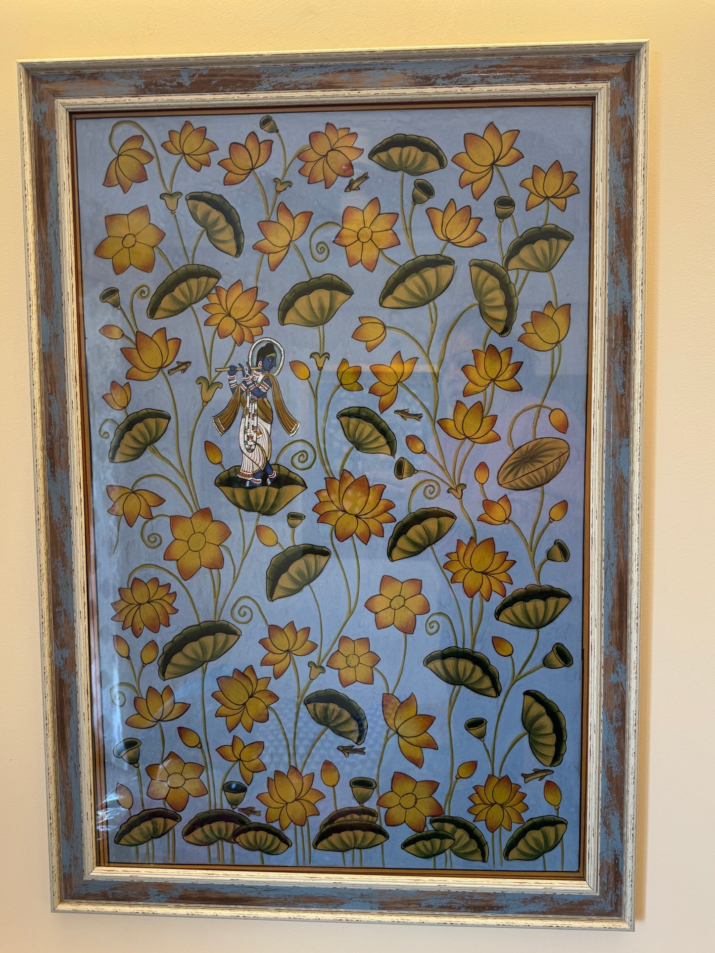 Framed Krishna On Blue Lotus Pond