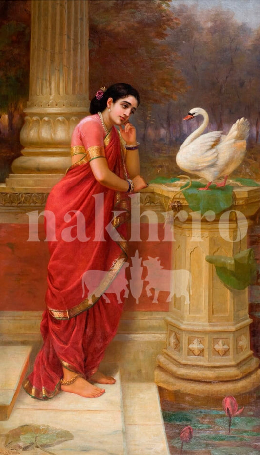 Lady in Red with Swan Museum-Grade Indian Art Print