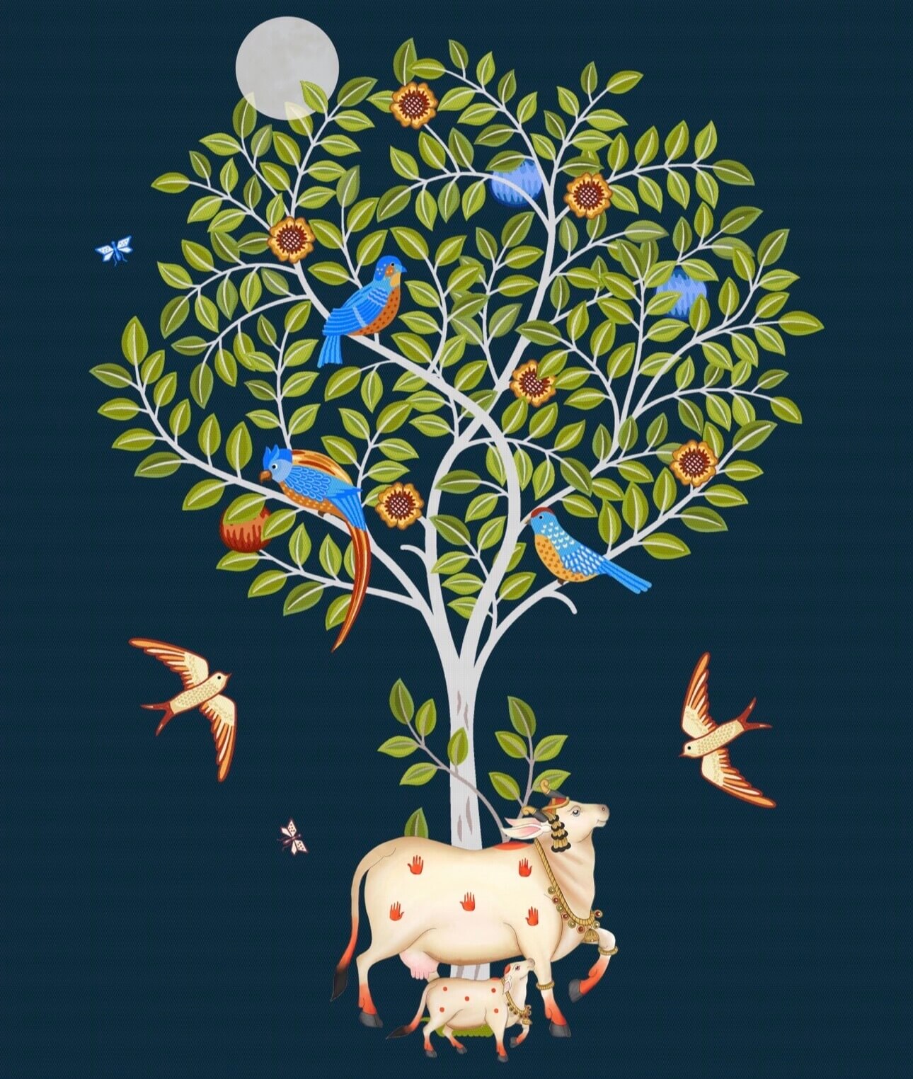 Kamdhenu & Kalpavriksha- Sacred Cow Under Tree of Life Pichwai Art Print - Nakhrro