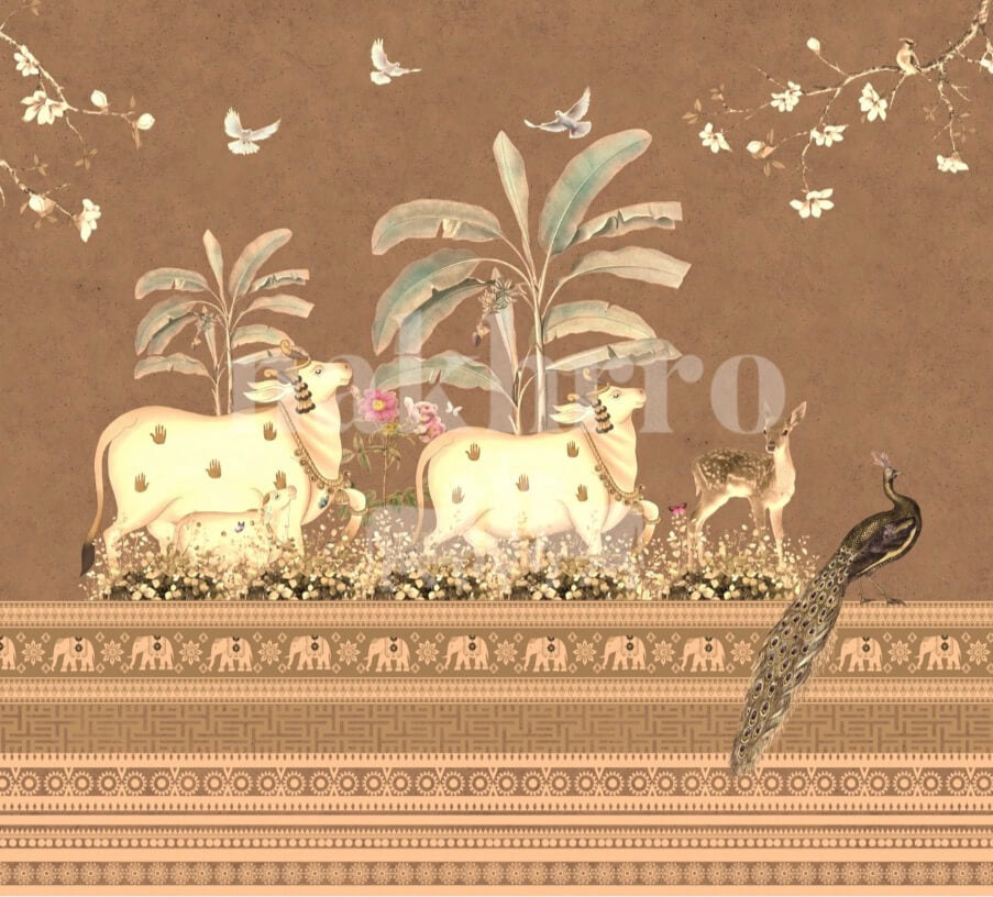 Sacred Cow & Peacock Museum-Grade Art Print | Indian Heritage Artwork