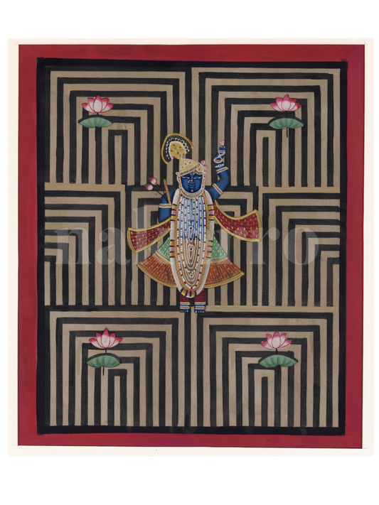 Black Geometrical Shrinath Ji Around Lotus Contemporary Pichwai