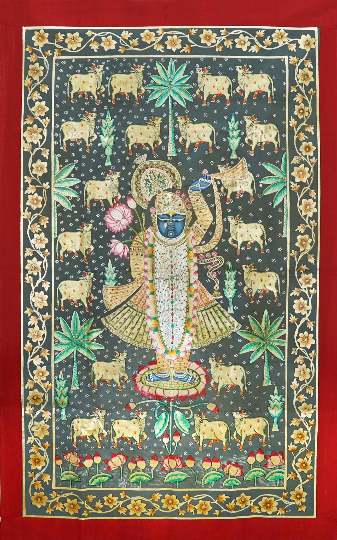 Grey Shrinath Ji With Cows and Palm Trees Pichwai - Nakhrro