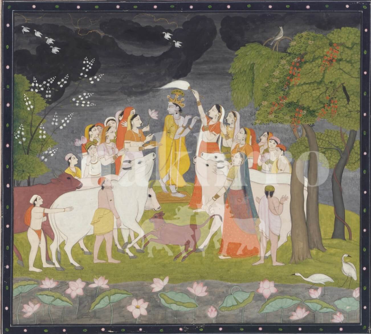 Krishna Govardhan Leela Pichwai- Vintage Sacred Cow & Gopi Art Print - Nakhrro