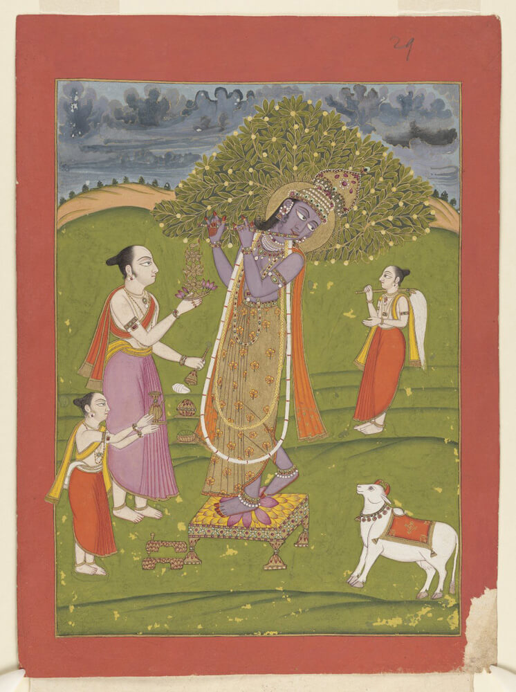 Krishna Worshipped with Cow and Devotees Pichwai