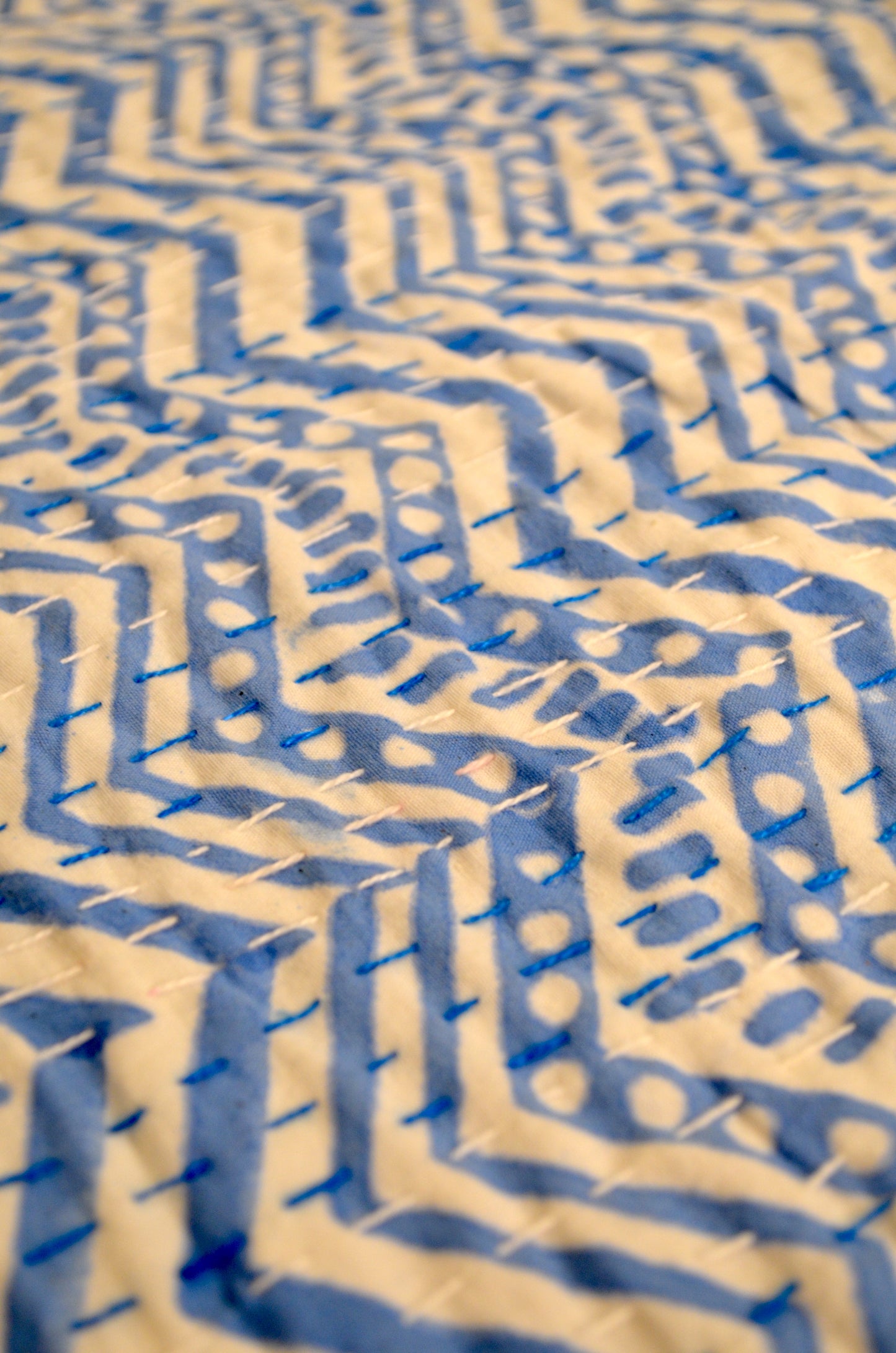 Chevron Blue Double Bed Queen Hand Embroidered Bedspread/ Dohar - Nakhrro
