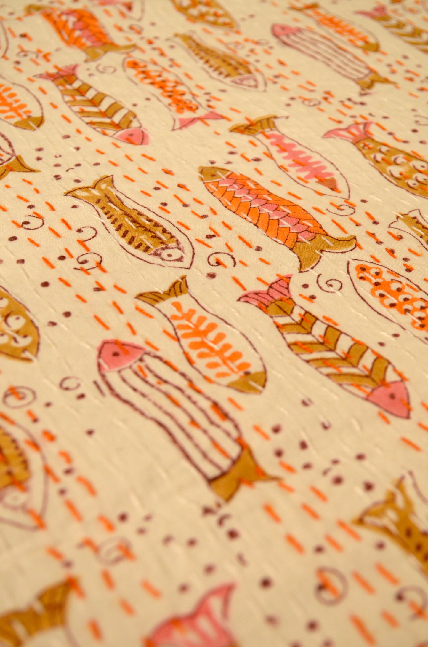 Orange Fish Hand Block Double Bed Queen Hand Embroidered Bedspread/ Dohar - Nakhrro
