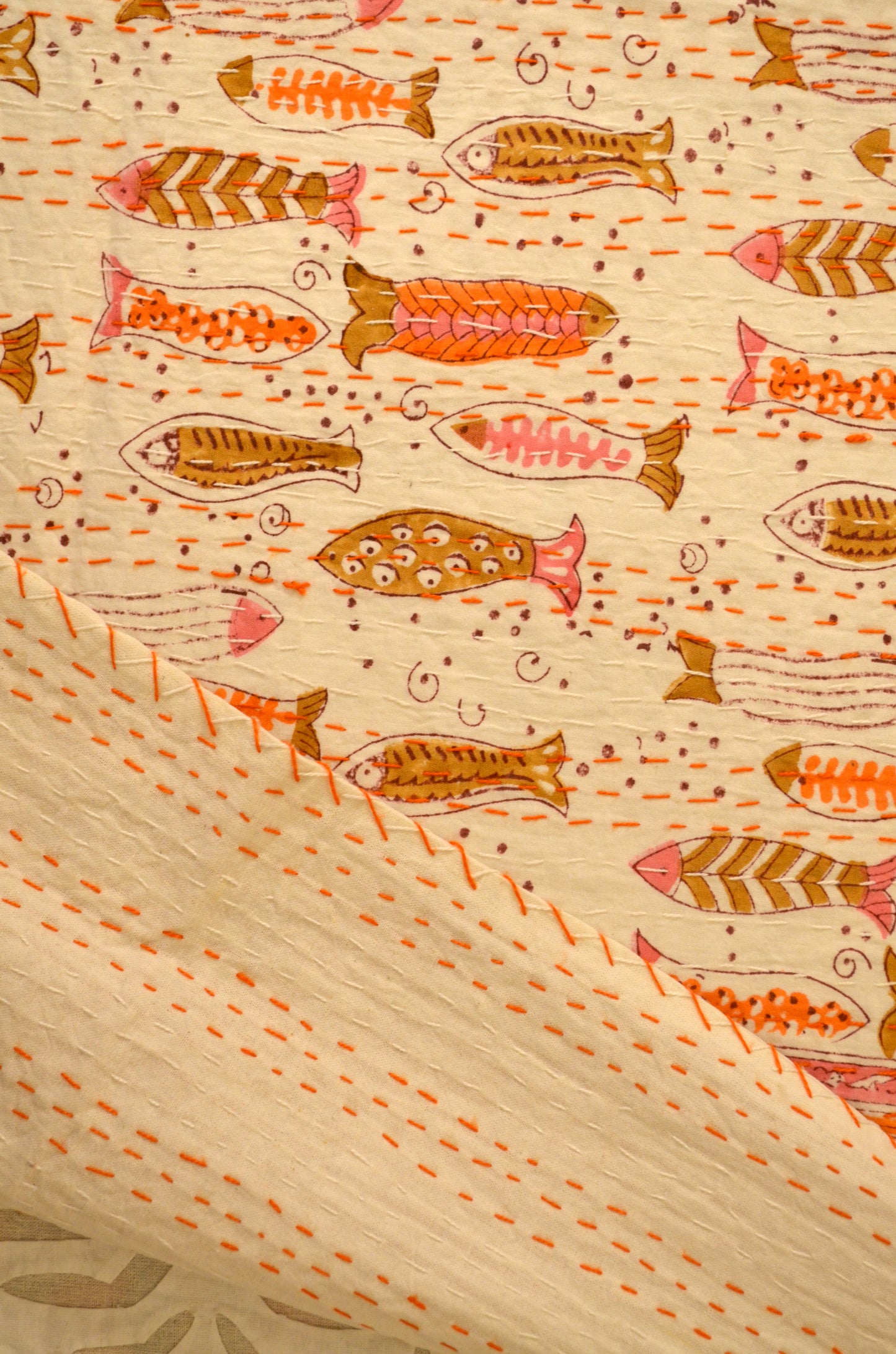 Orange Fish Hand Block Double Bed Queen Hand Embroidered Bedspread/ Dohar - Nakhrro