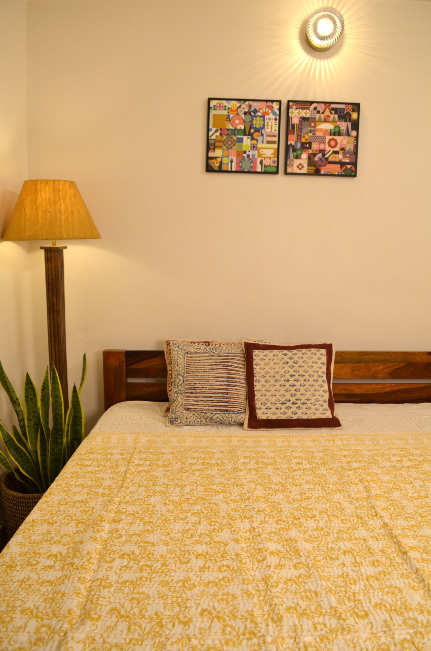 Yellow Floral Hand Block Double Bed Queen Hand Embroidered Bedspread/ Dohar - Nakhrro
