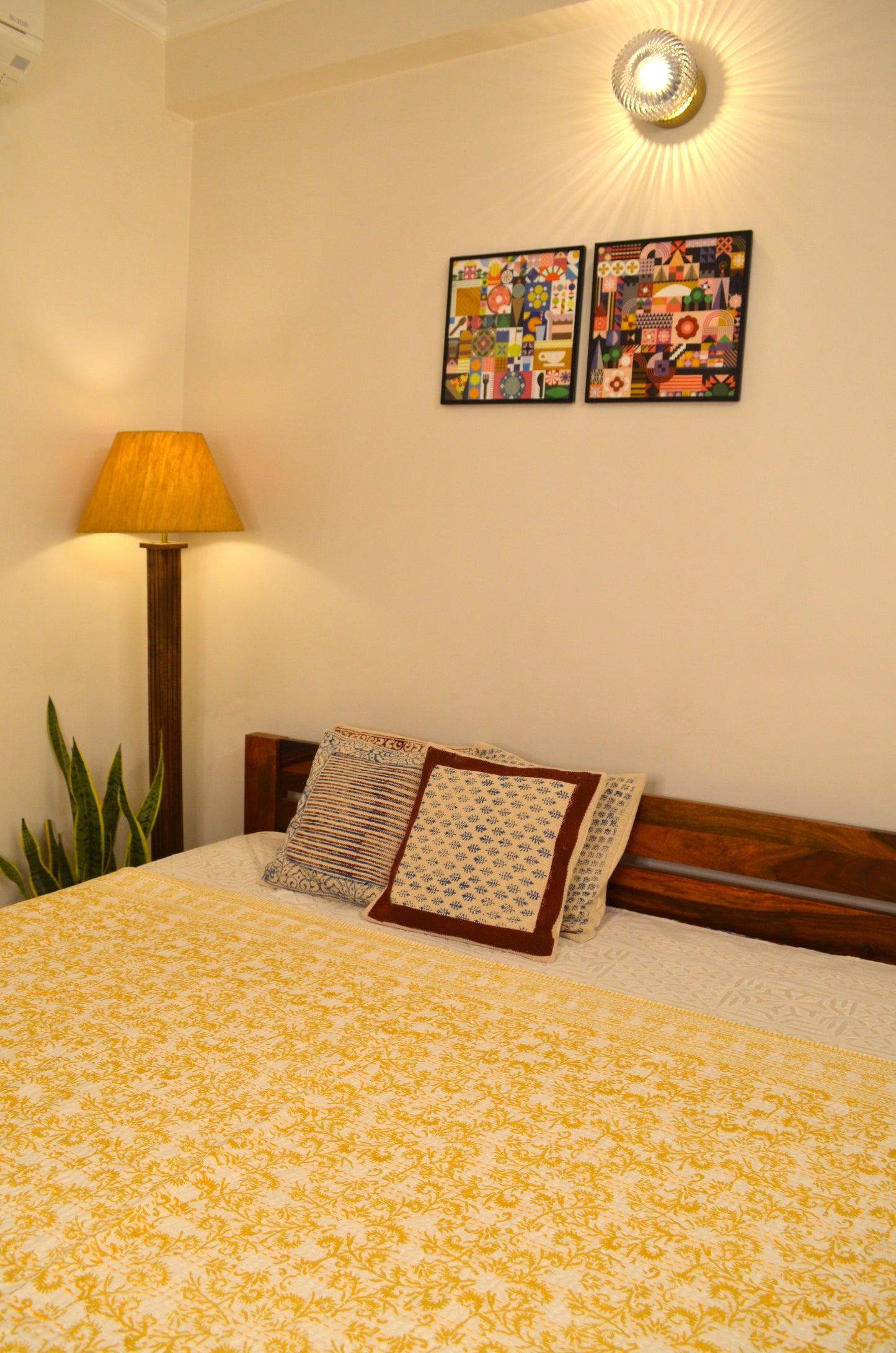 Yellow Floral Hand Block Double Bed Queen Hand Embroidered Bedspread/ Dohar - Nakhrro