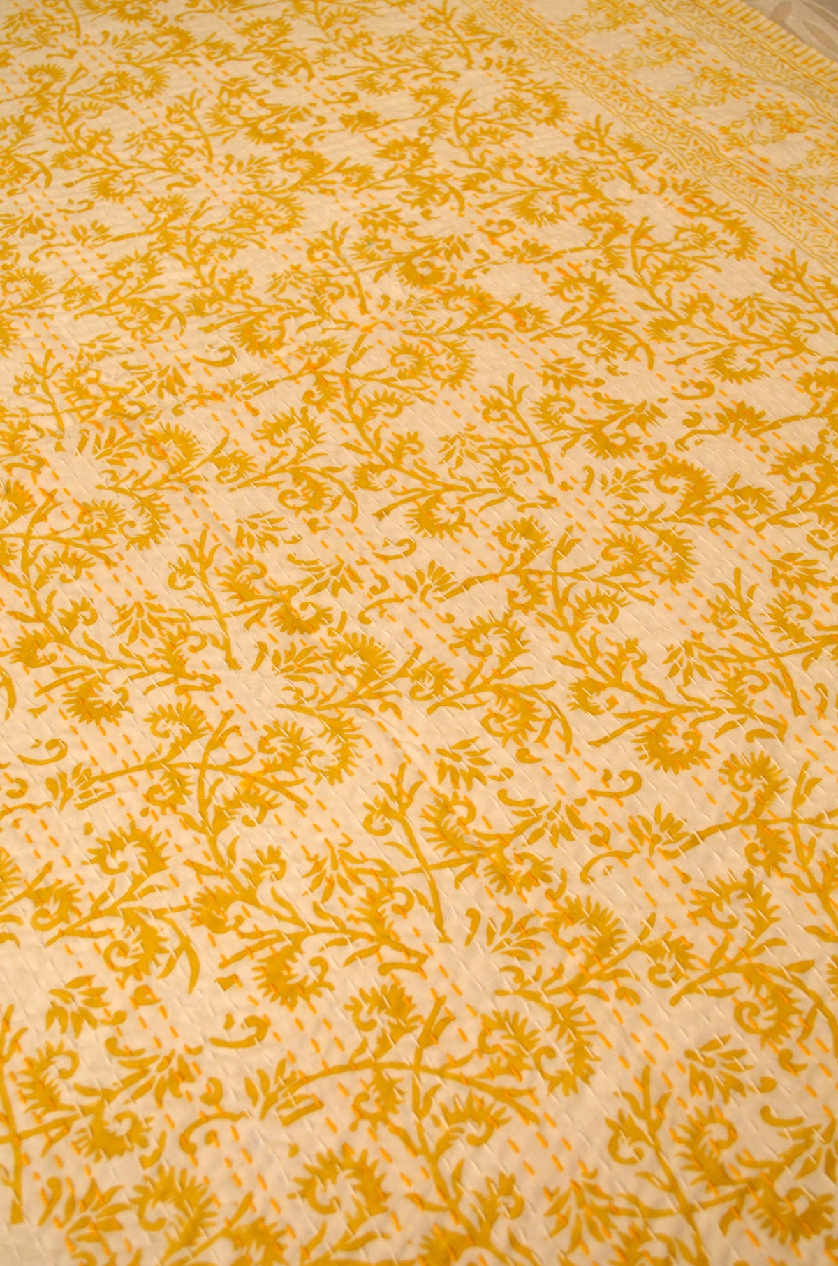 Yellow Floral Hand Block Double Bed Queen Hand Embroidered Bedspread/ Dohar - Nakhrro