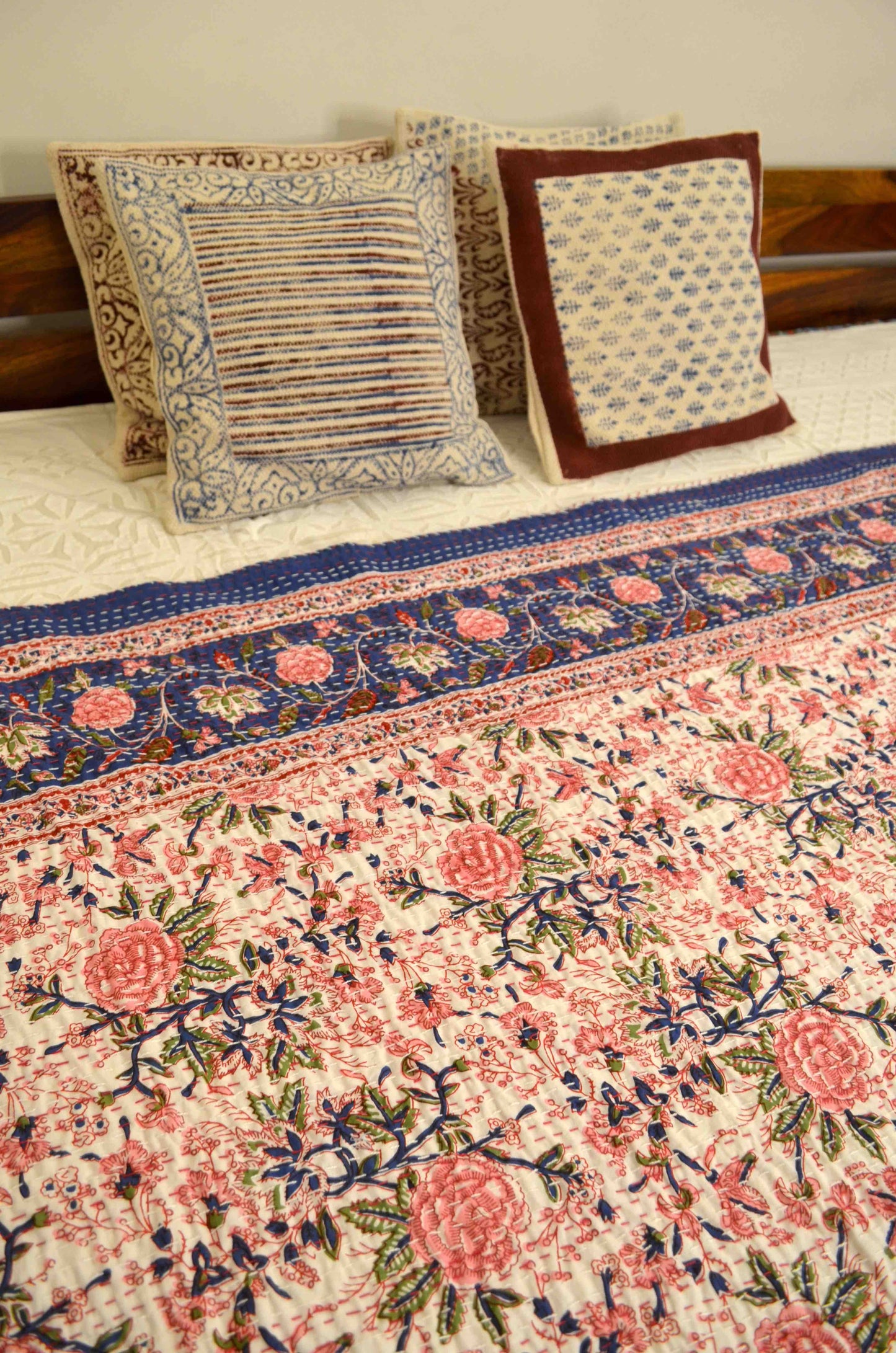 Pink Floral Double Bed Queen Hand Embroidered Bedspread/ Dohar - Nakhrro