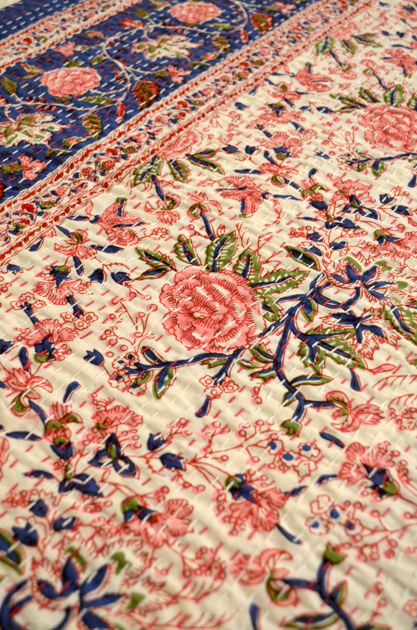 Pink Floral Double Bed Queen Hand Embroidered Bedspread/ Dohar - Nakhrro