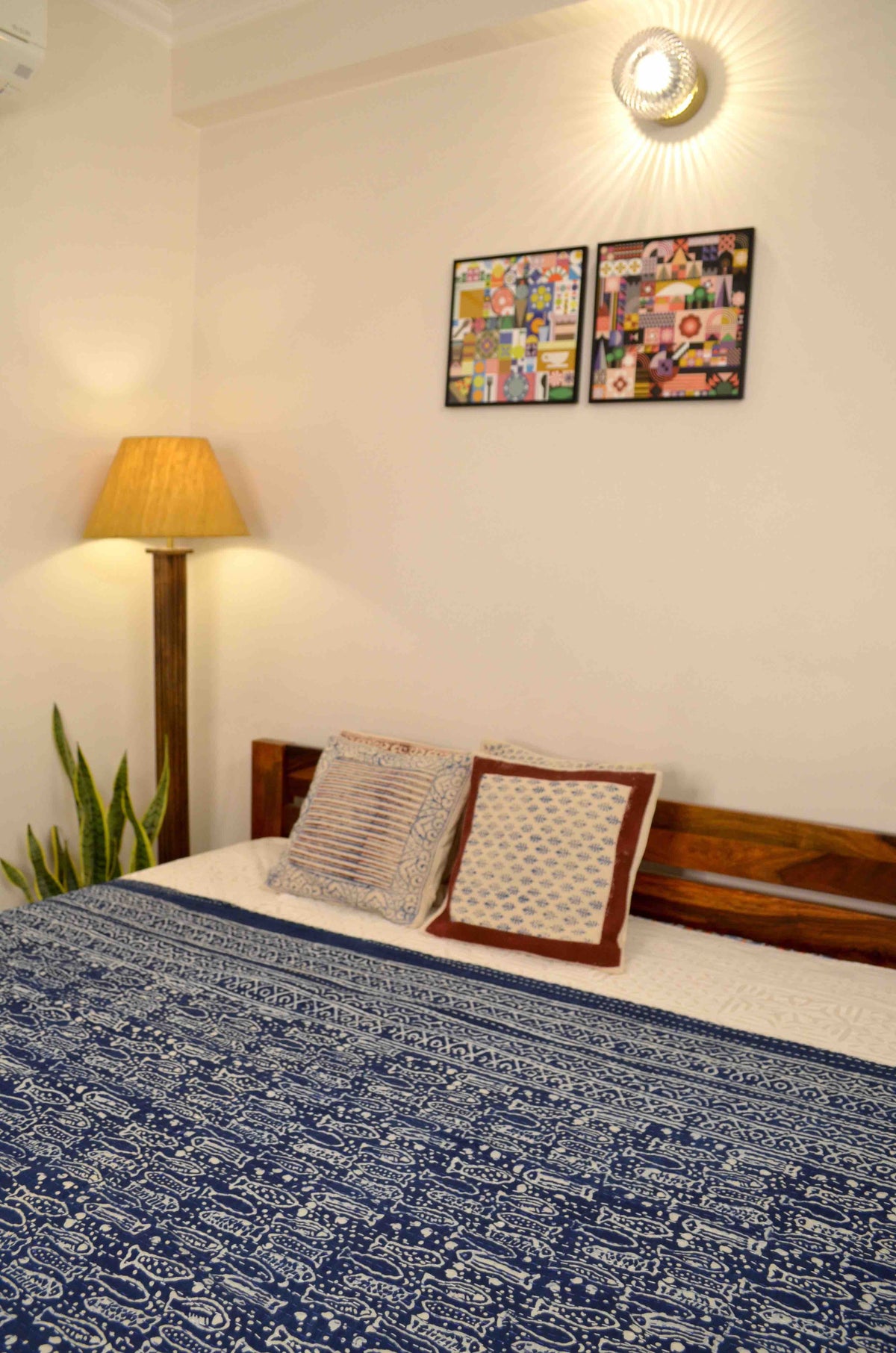 Indigo Fish Hand Block Double Bed Queen Hand Embroidered Bedspread/ Dohar - Nakhrro