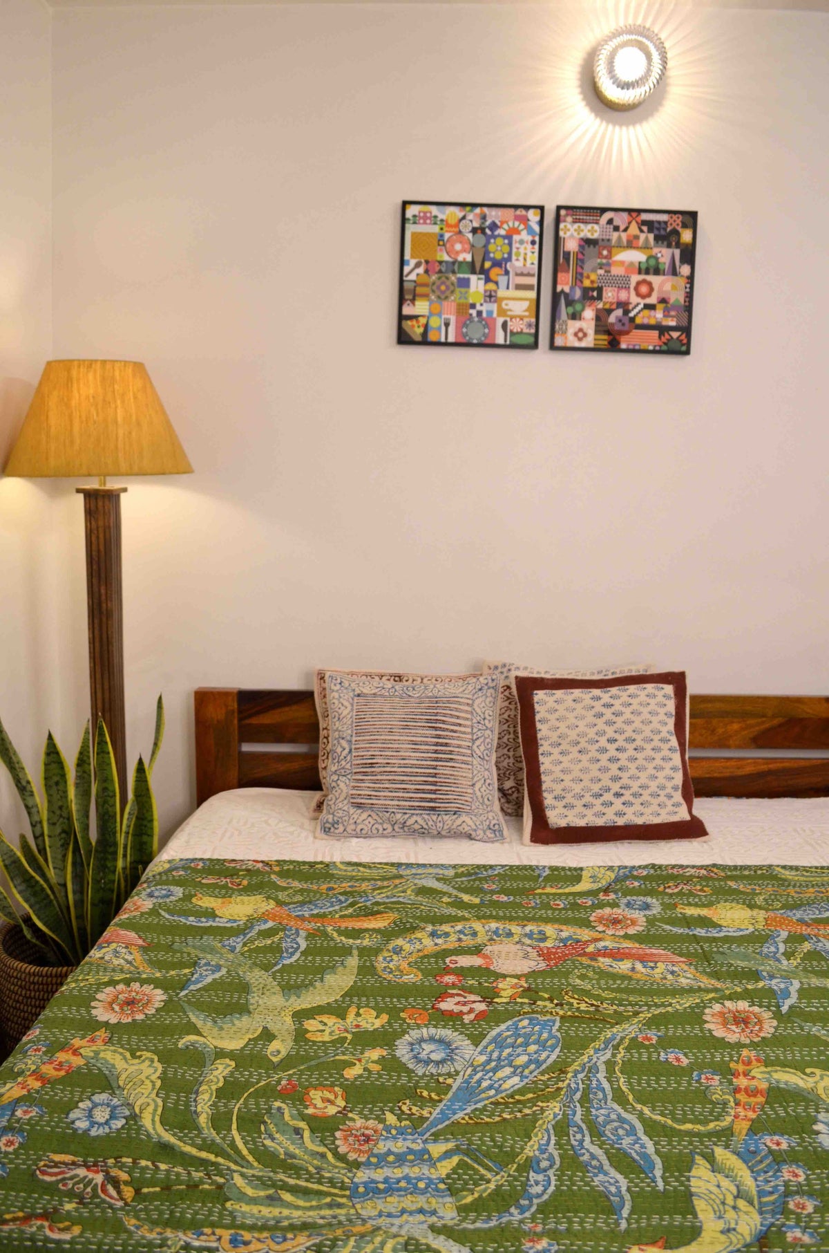 Green Peacock Double Bed Queen Hand Embroidered Bedspread/ Dohar - Nakhrro