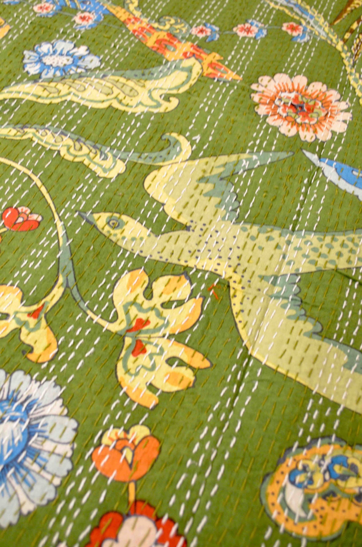 Green Peacock Double Bed Queen Hand Embroidered Bedspread/ Dohar - Nakhrro