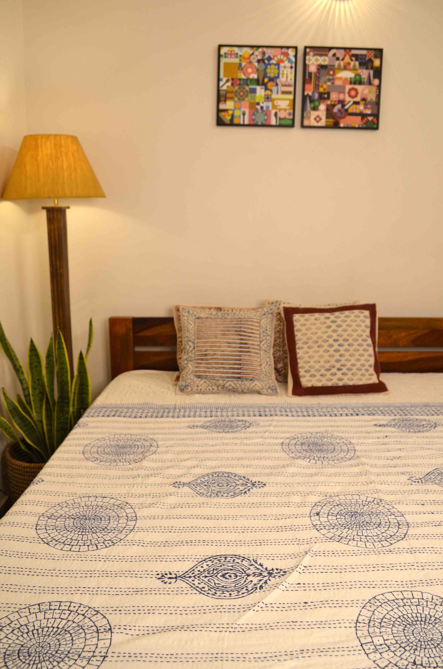 Indigo Motifs Single Bed Queen Hand Embroidered Dohar - Nakhrro