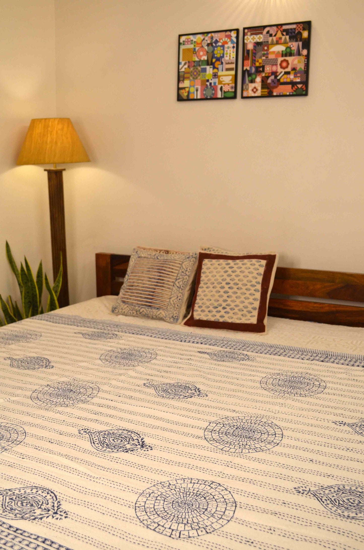 Indigo Motifs Single Bed Queen Hand Embroidered Dohar - Nakhrro