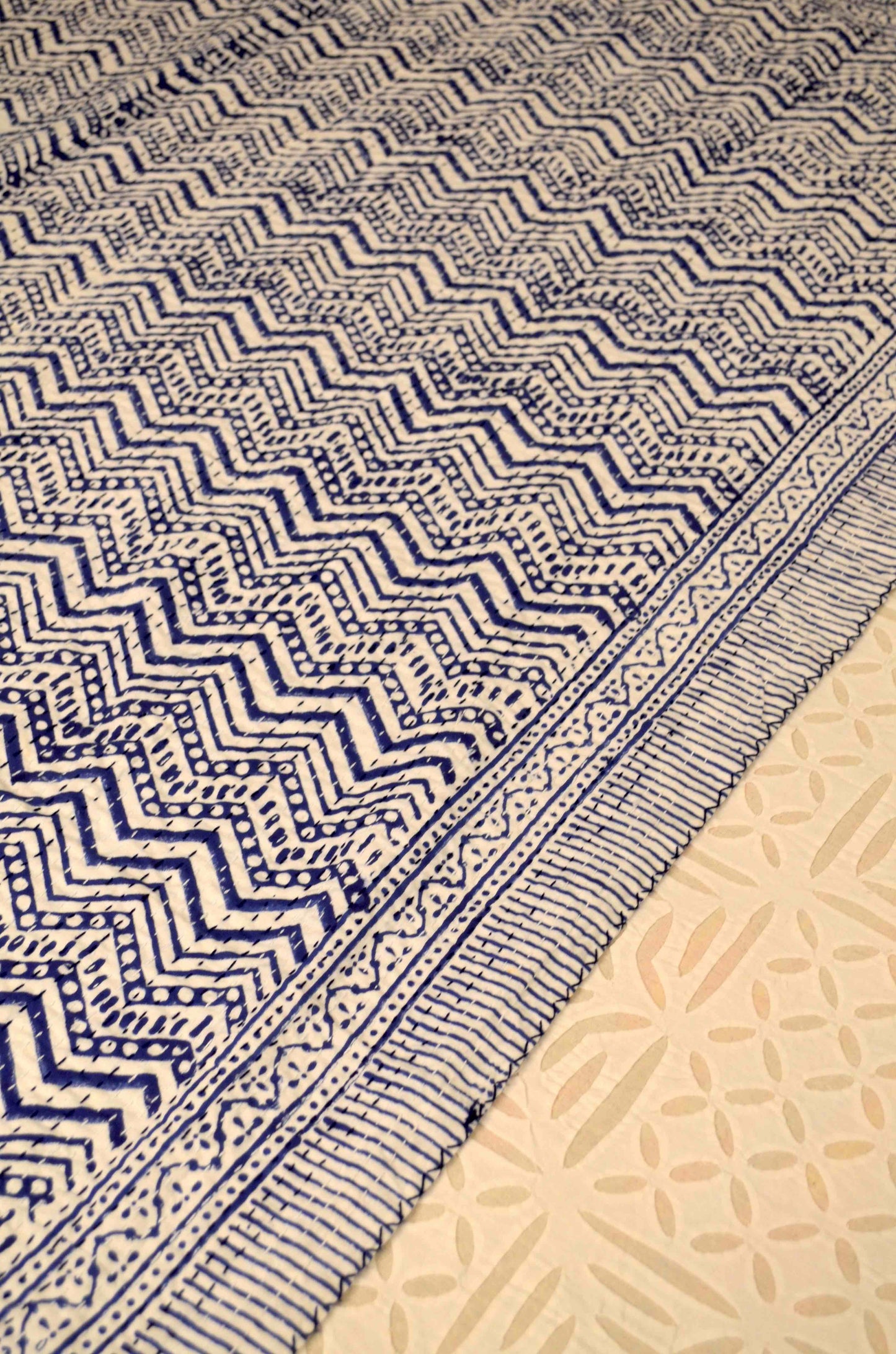 Chevron Indigo Single Bed Queen Hand Embroidered Dohar - Nakhrro