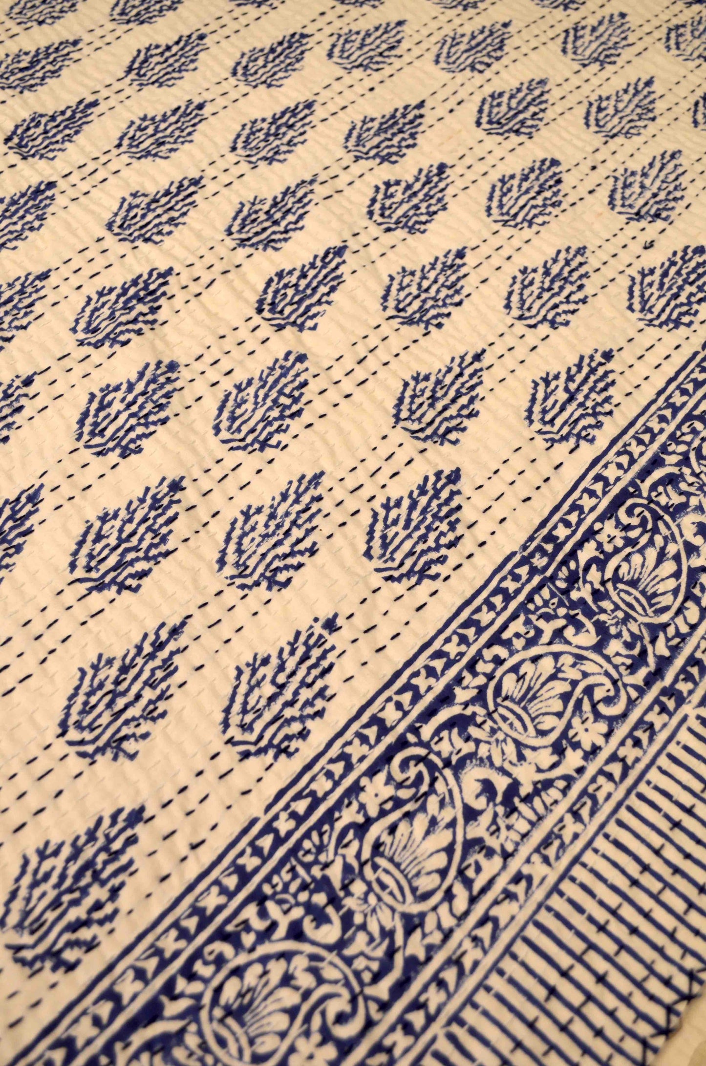 Indigo Leaf Motifs Single Bed Queen Hand Embroidered Dohar - Nakhrro