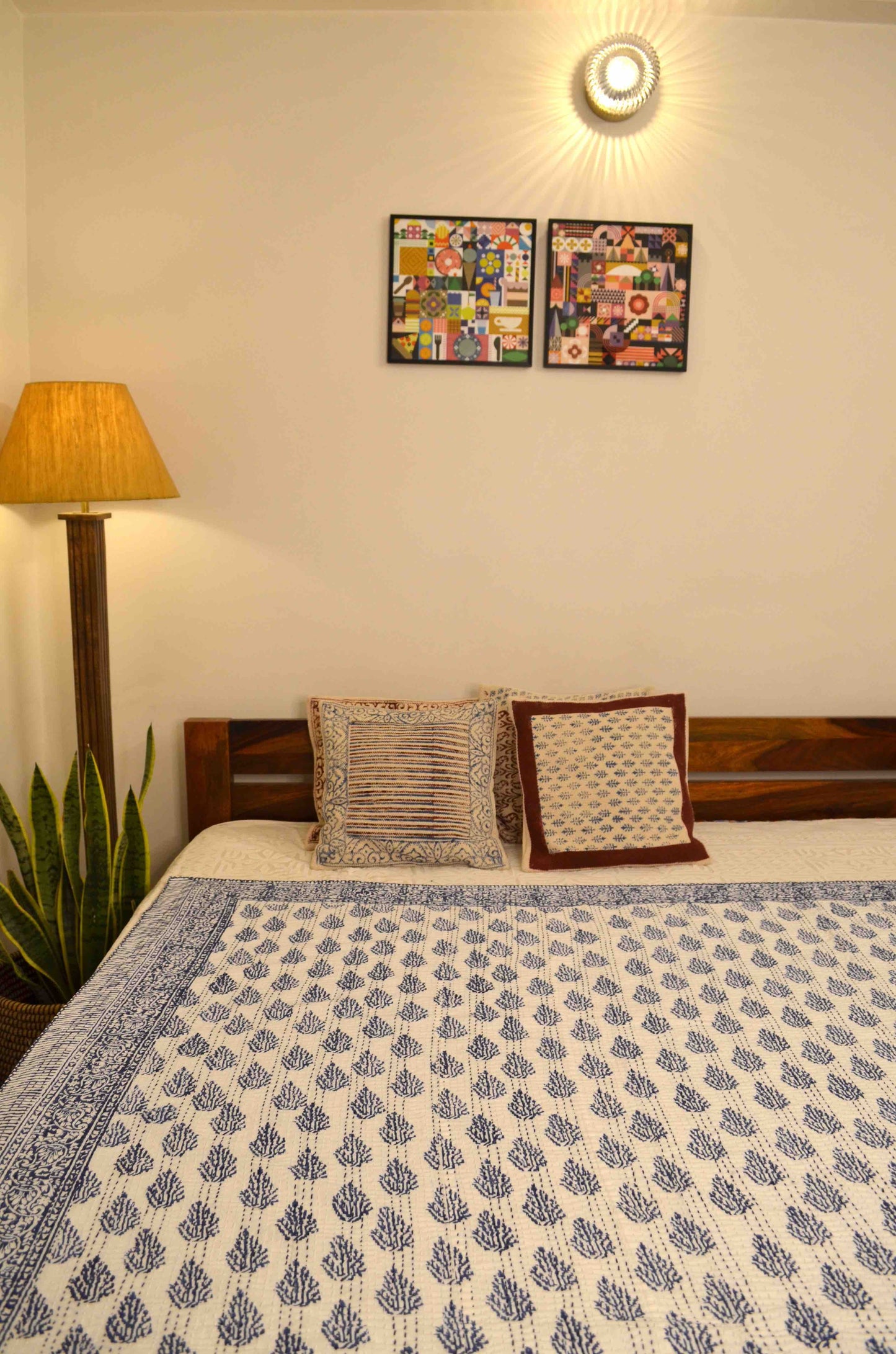 Indigo Leaf Motifs Single Bed Queen Hand Embroidered Dohar - Nakhrro