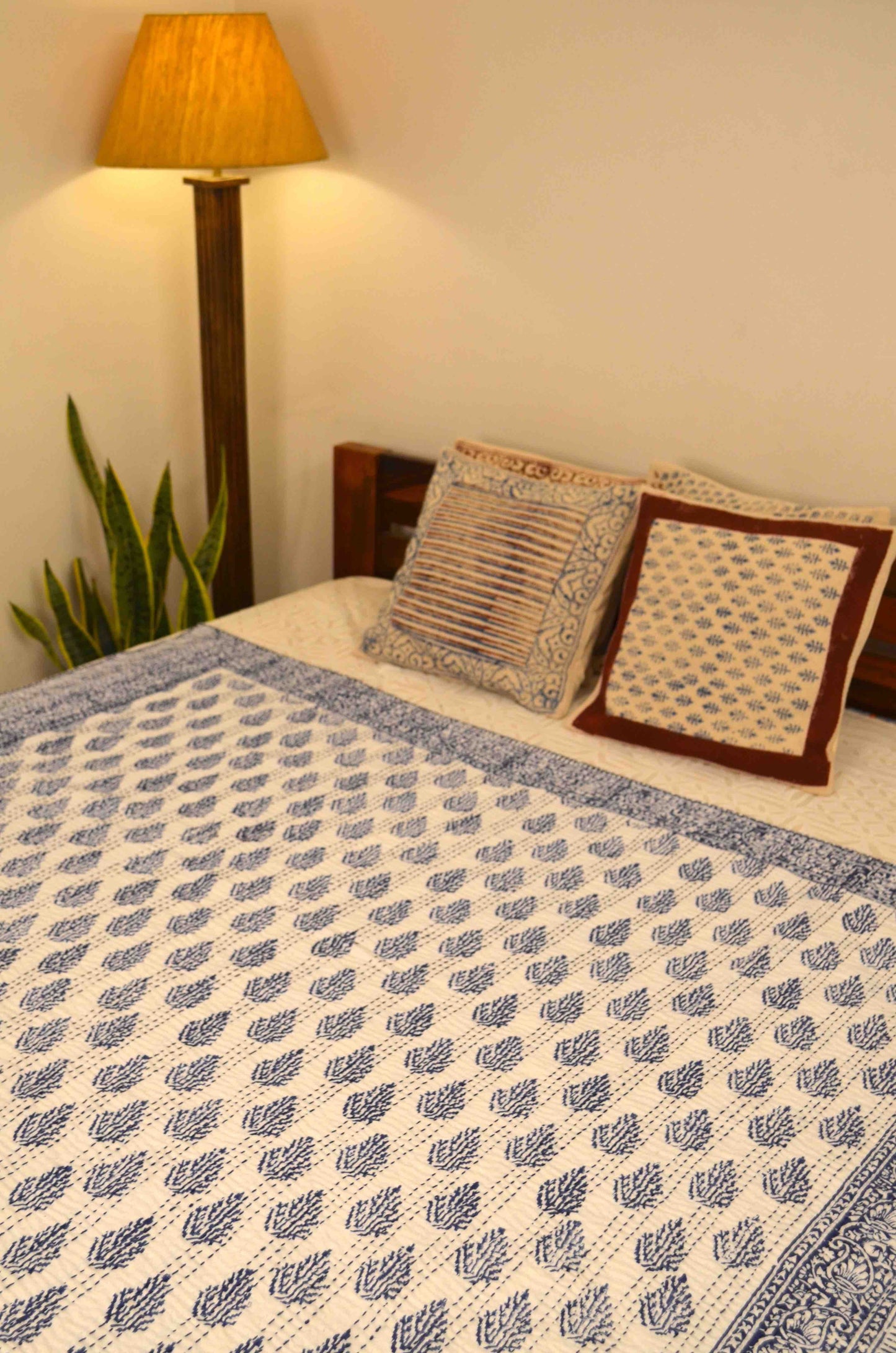 Indigo Leaf Motifs Single Bed Queen Hand Embroidered Dohar - Nakhrro
