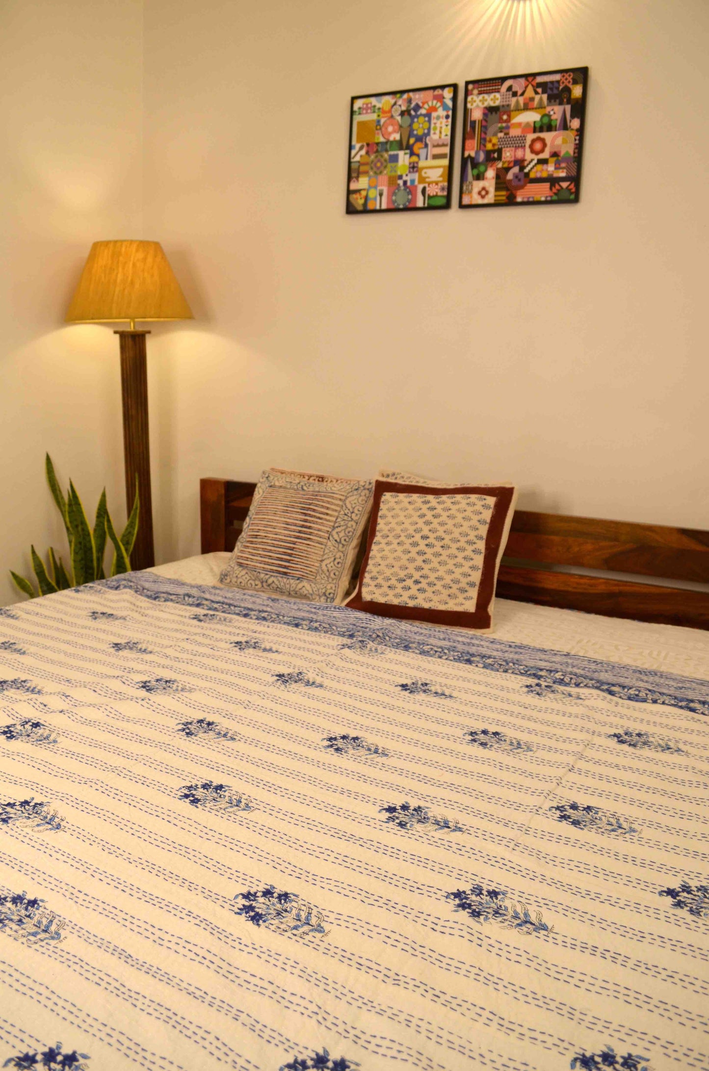 Blue Floral Motifs Single Bed Queen Hand Embroidered Dohar - Nakhrro