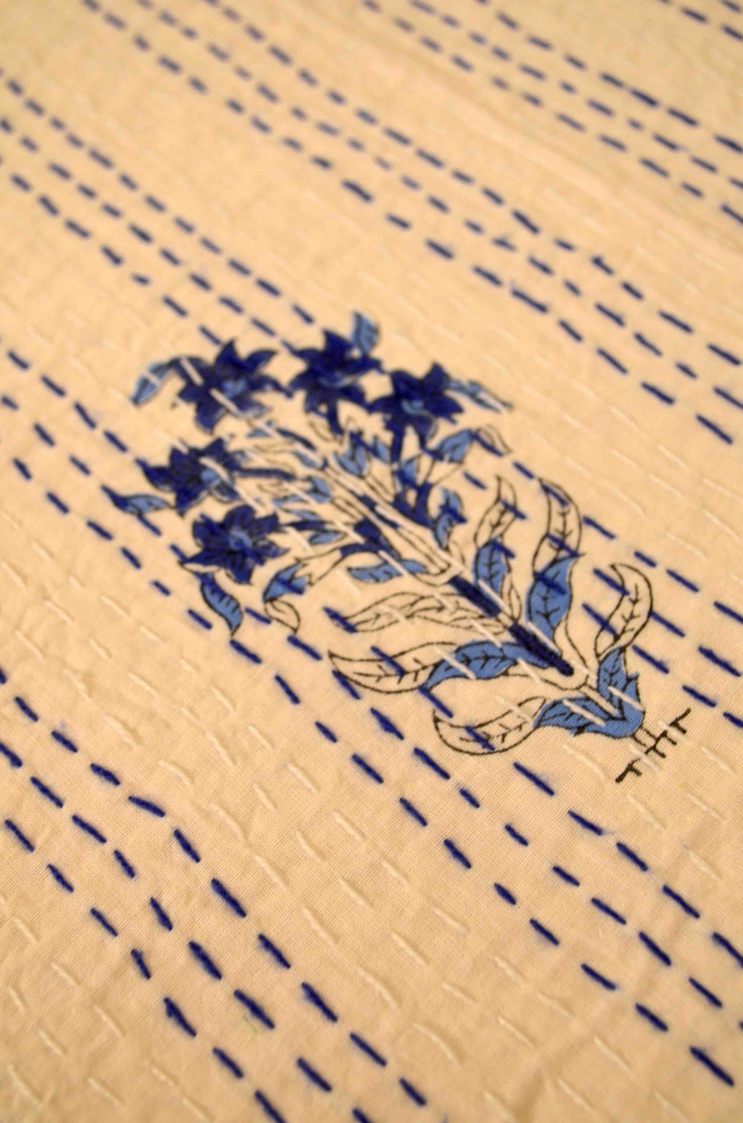 Blue Floral Motifs Single Bed Queen Hand Embroidered Dohar - Nakhrro