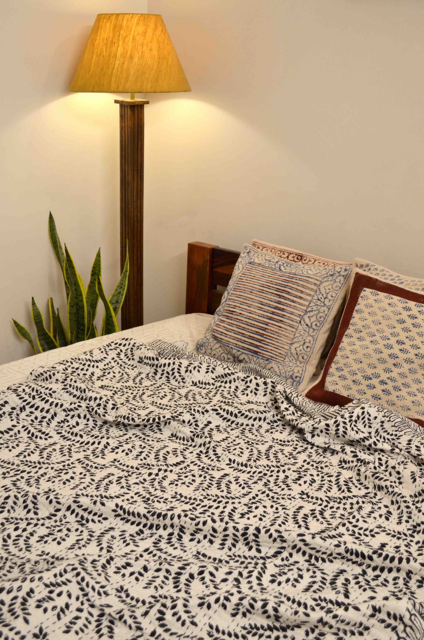 Black Floral Motifs Single Bed Queen Hand Embroidered Dohar - Nakhrro