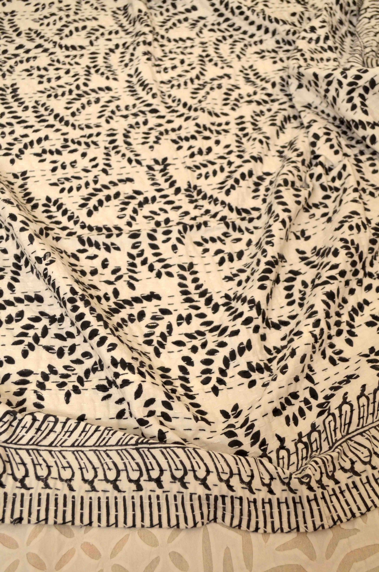 Black Floral Motifs Single Bed Queen Hand Embroidered Dohar - Nakhrro