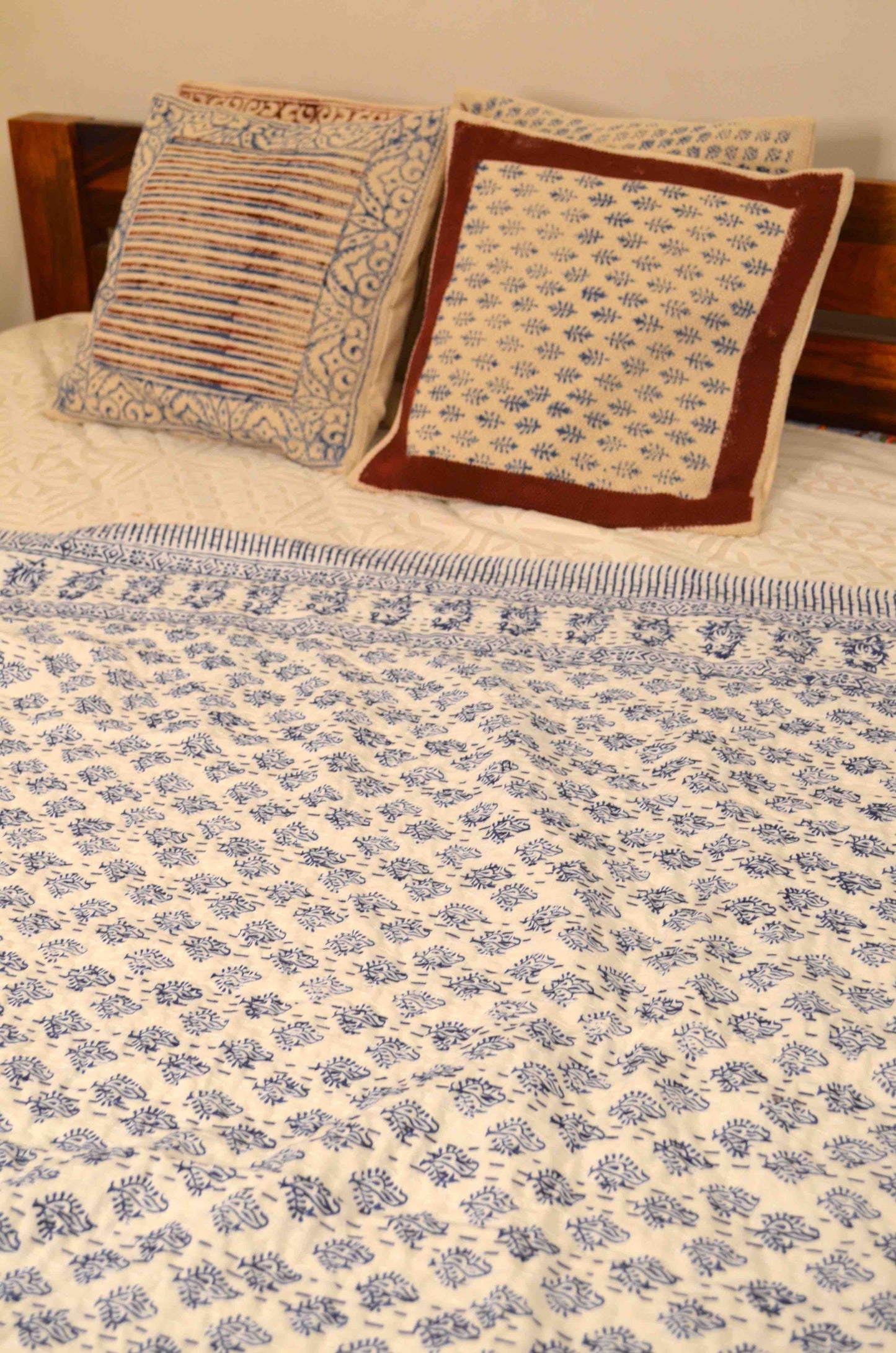 Indigo Motifs Single Bed Queen Hand Embroidered Dohar - Nakhrro