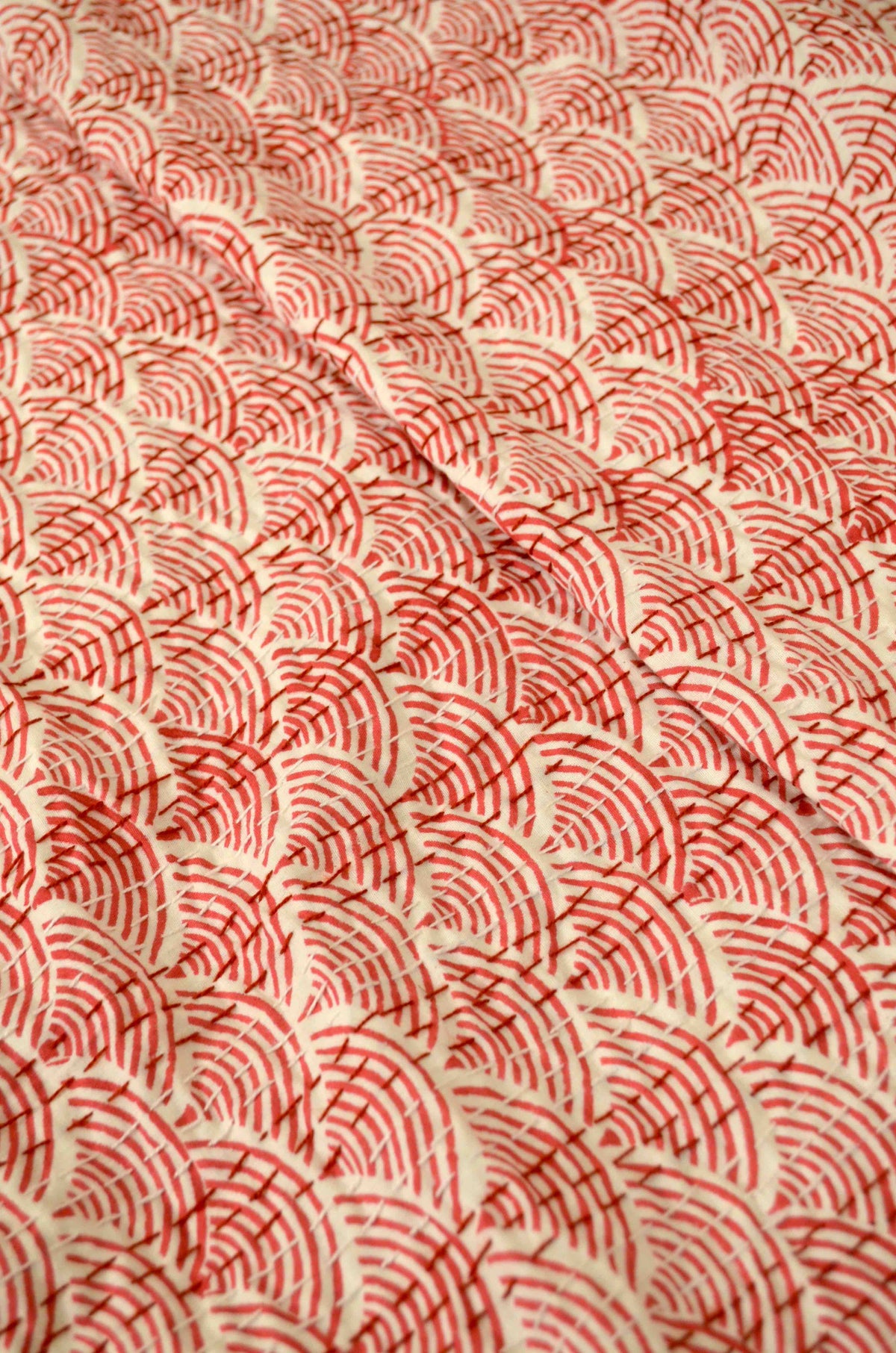 Magenta Waves Hand Embroidered Block Print Queen Size Kantha Bedspread - Nakhrro