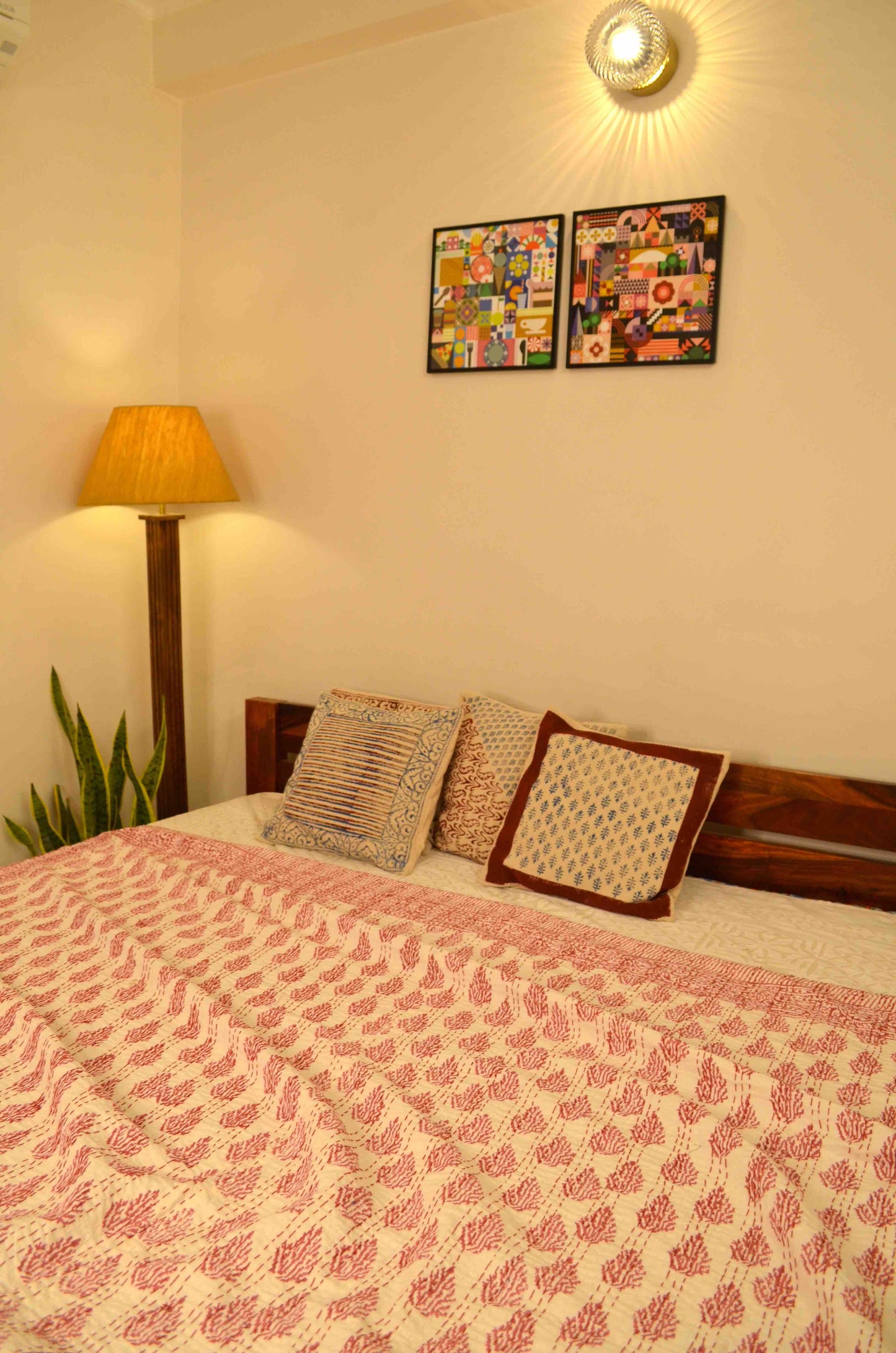 Magenta Leaf Hand Embroidered Block Print Queen Size Kantha Bedspread - Nakhrro
