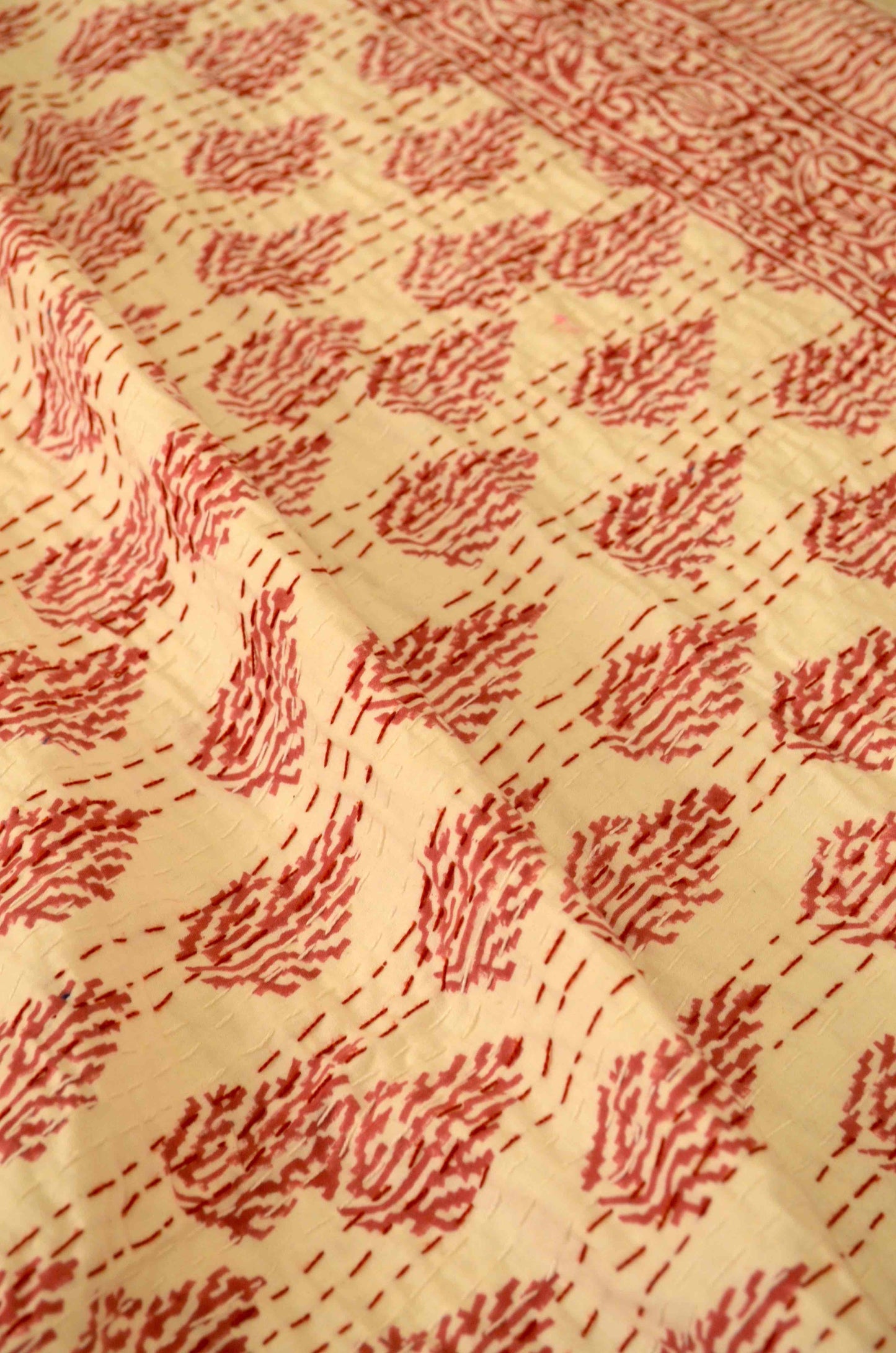 Magenta Leaf Hand Embroidered Block Print Queen Size Kantha Bedspread - Nakhrro
