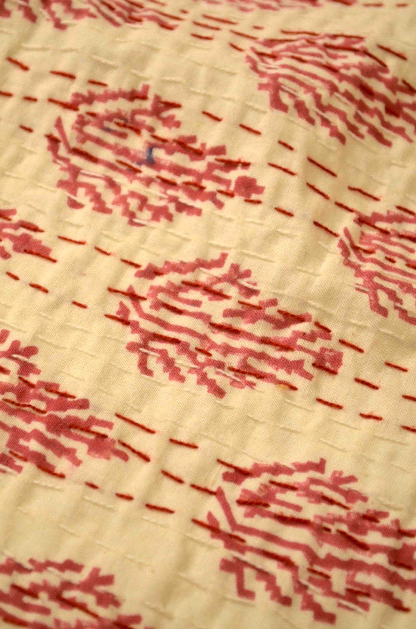Magenta Leaf Hand Embroidered Block Print Queen Size Kantha Bedspread - Nakhrro