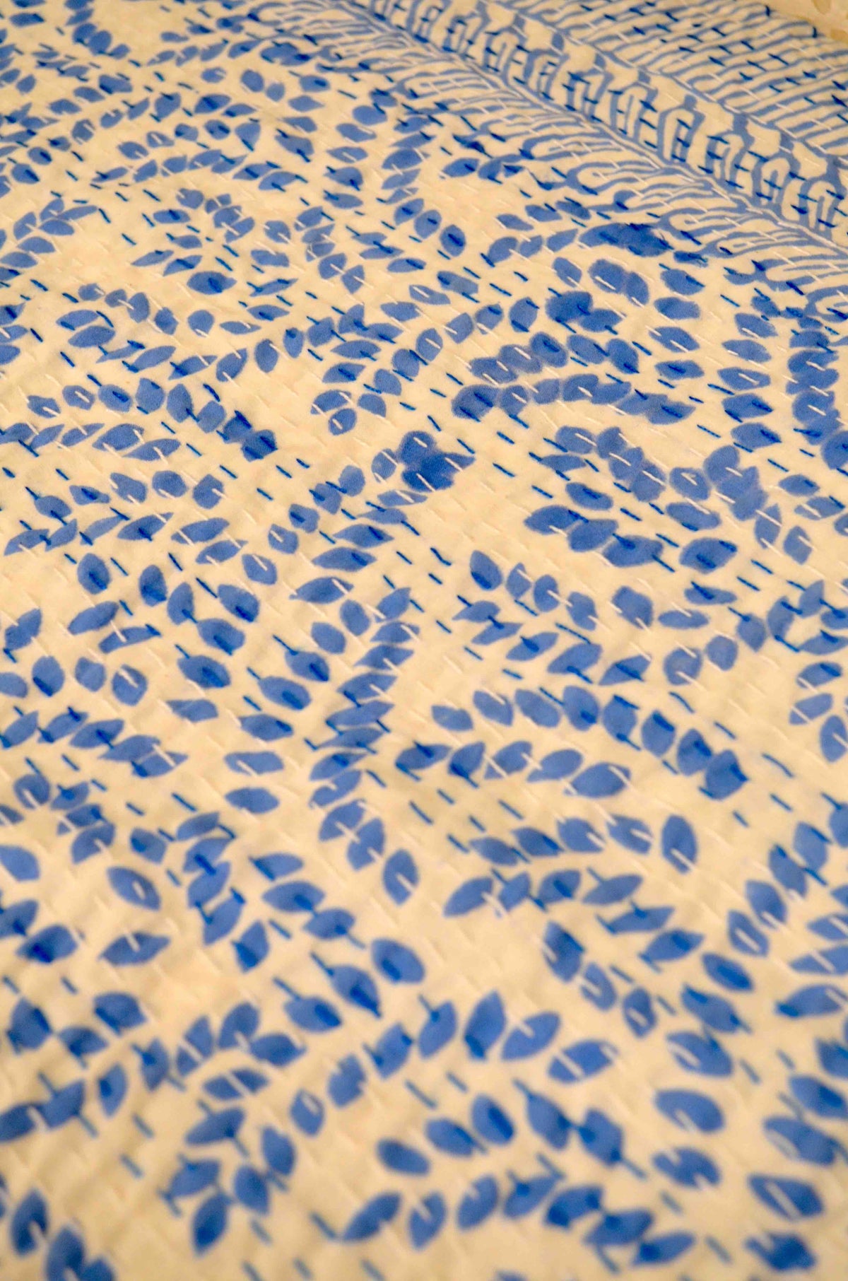 Blue Floral Double Bed Queen Hand Embroidered Bedspread/ Dohar - Nakhrro