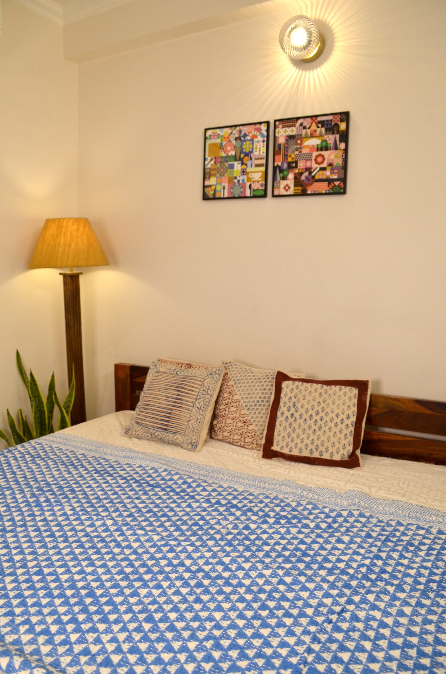 Blue Triangle Geometric Double Bed Queen Hand Embroidered Bedspread/ Dohar - Nakhrro