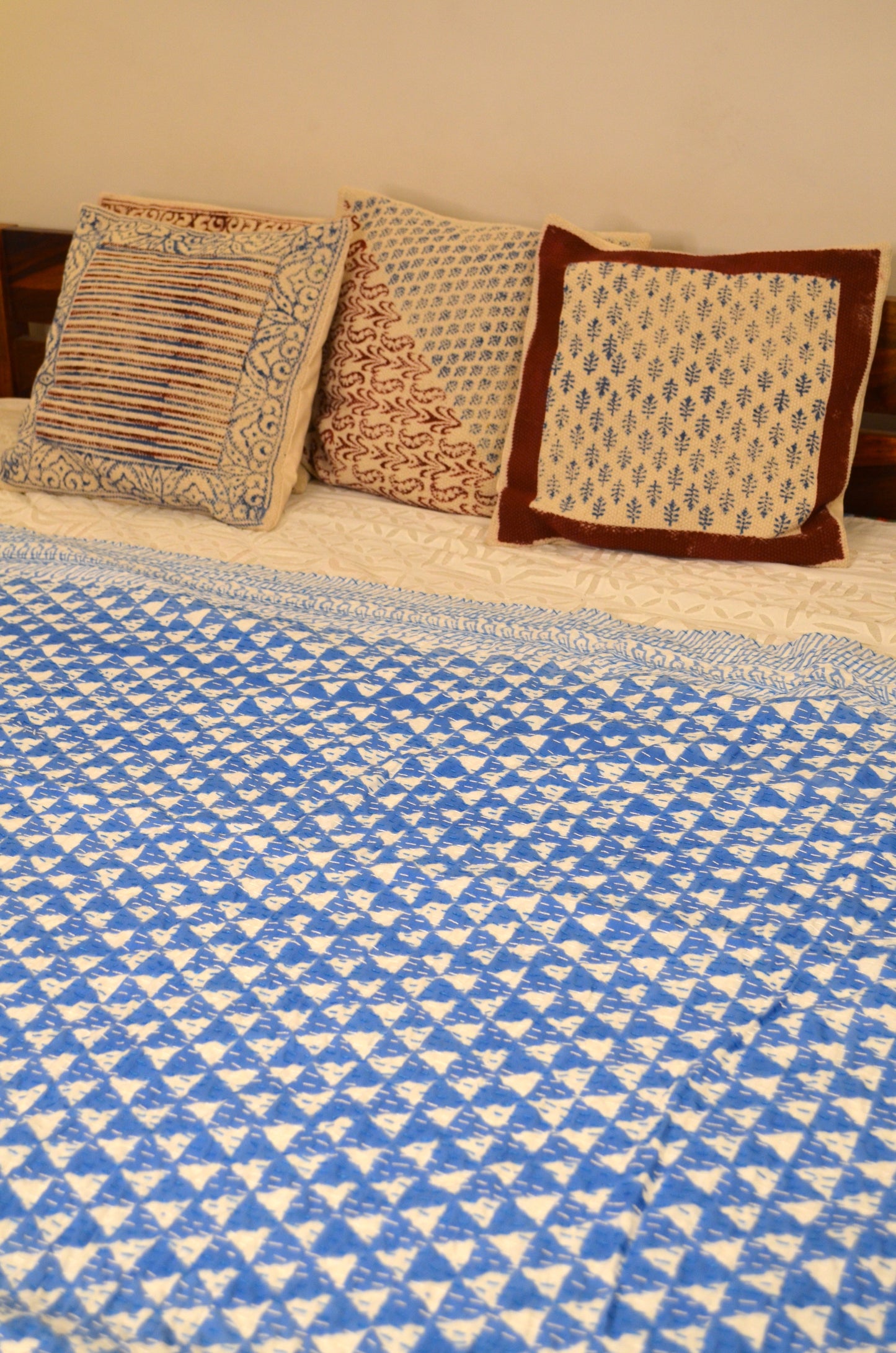 Blue Triangle Geometric Double Bed Queen Hand Embroidered Bedspread/ Dohar - Nakhrro