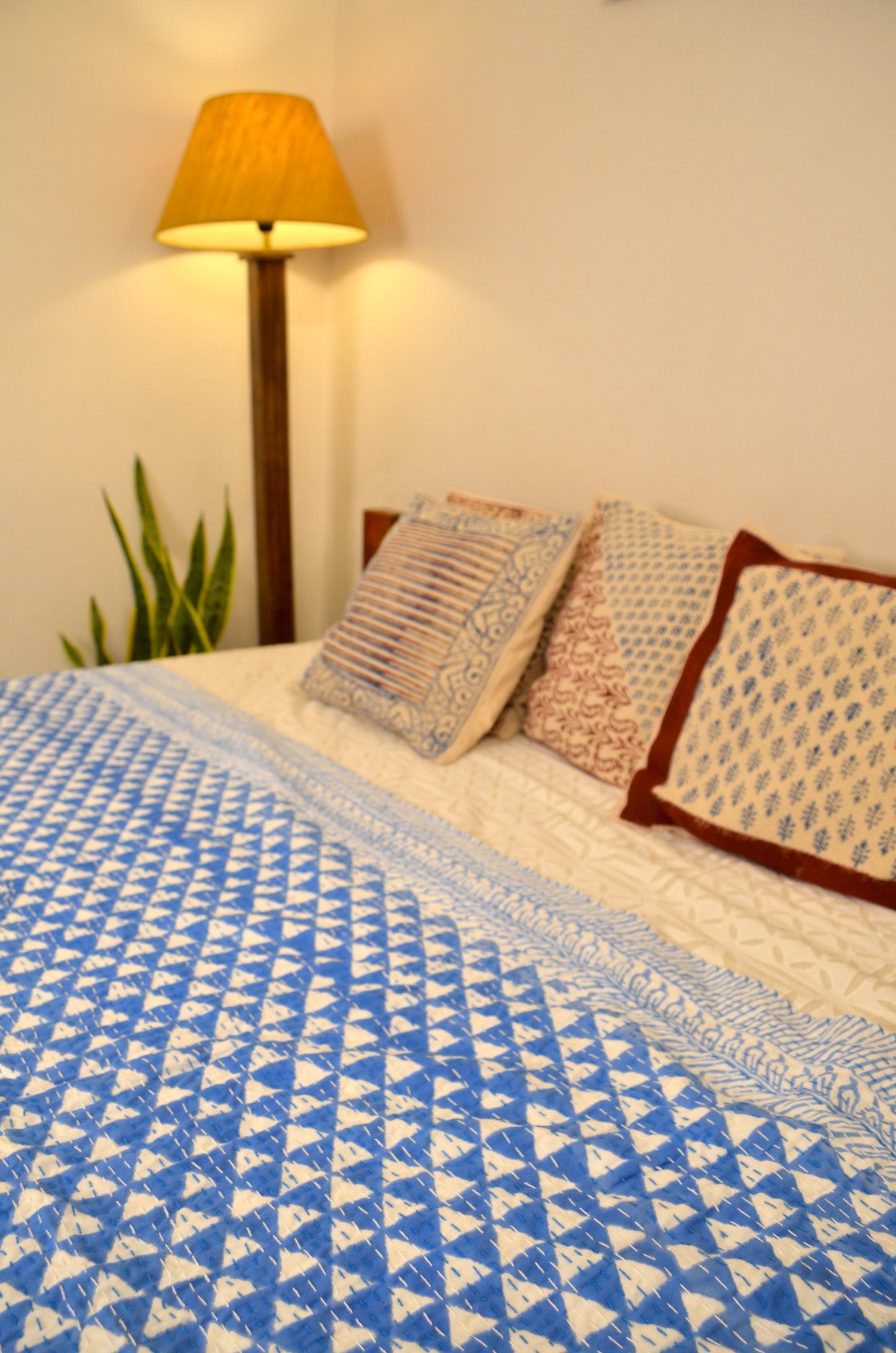 Blue Triangle Geometric Double Bed Queen Hand Embroidered Bedspread/ Dohar - Nakhrro