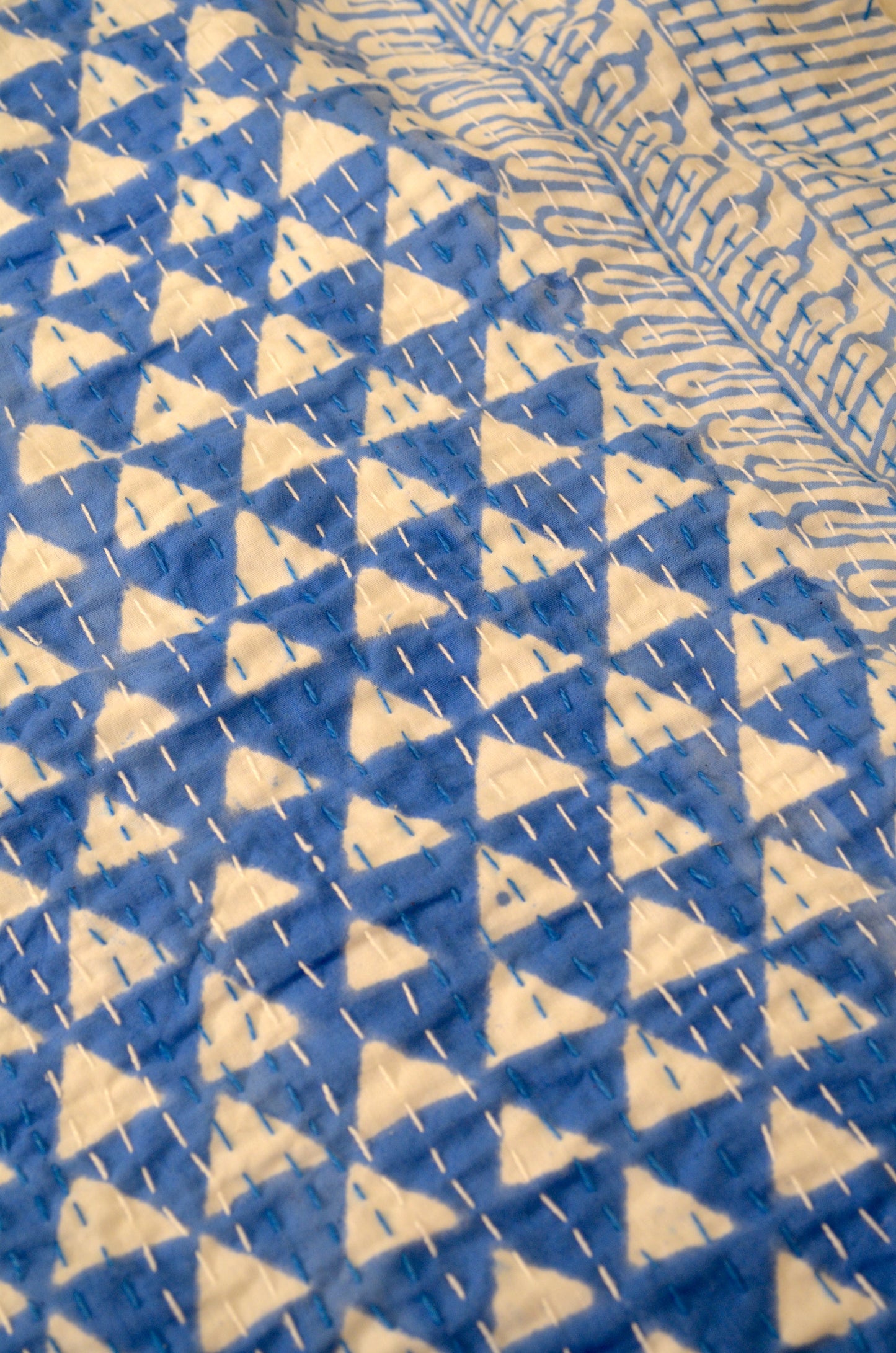 Blue Triangle Geometric Double Bed Queen Hand Embroidered Bedspread/ Dohar - Nakhrro