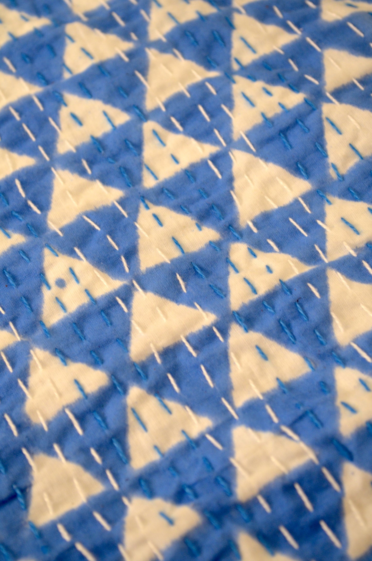 Blue Triangle Geometric Double Bed Queen Hand Embroidered Bedspread/ Dohar - Nakhrro